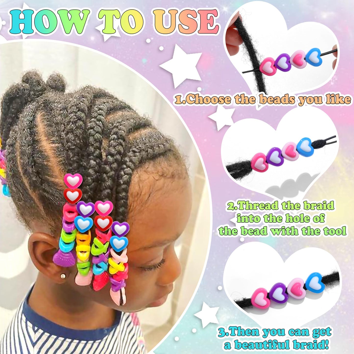 NAISKA 80PCS Colorful Braids Beads Cute Heart Flower Beads for Hair Braids Kids Random Pony Bead Set Acrylic Loc Dreadlock Jewelry Accessories for Girls