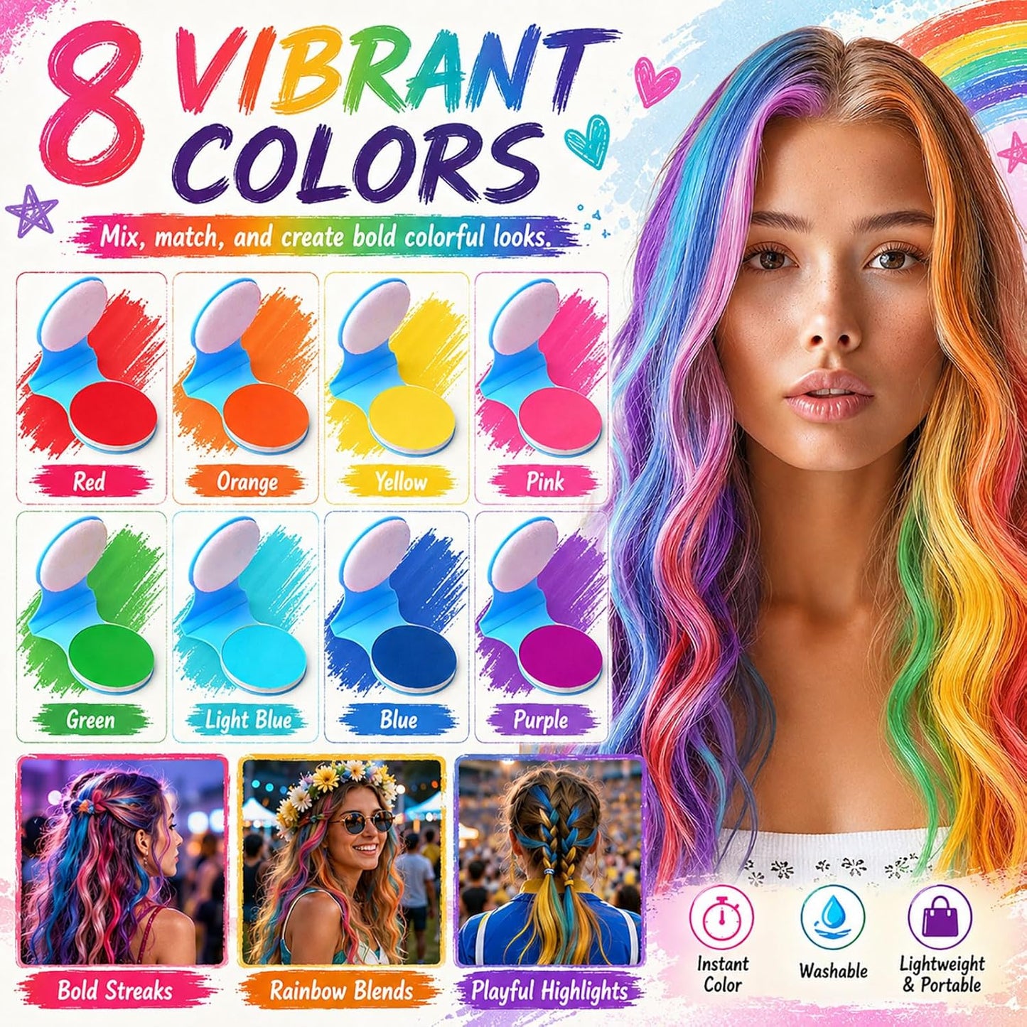 Temporary Hair Chalk - Washable Hair Dye for Festivals & Events | 8 Vibrant Colors for DIY Party & Cosplay