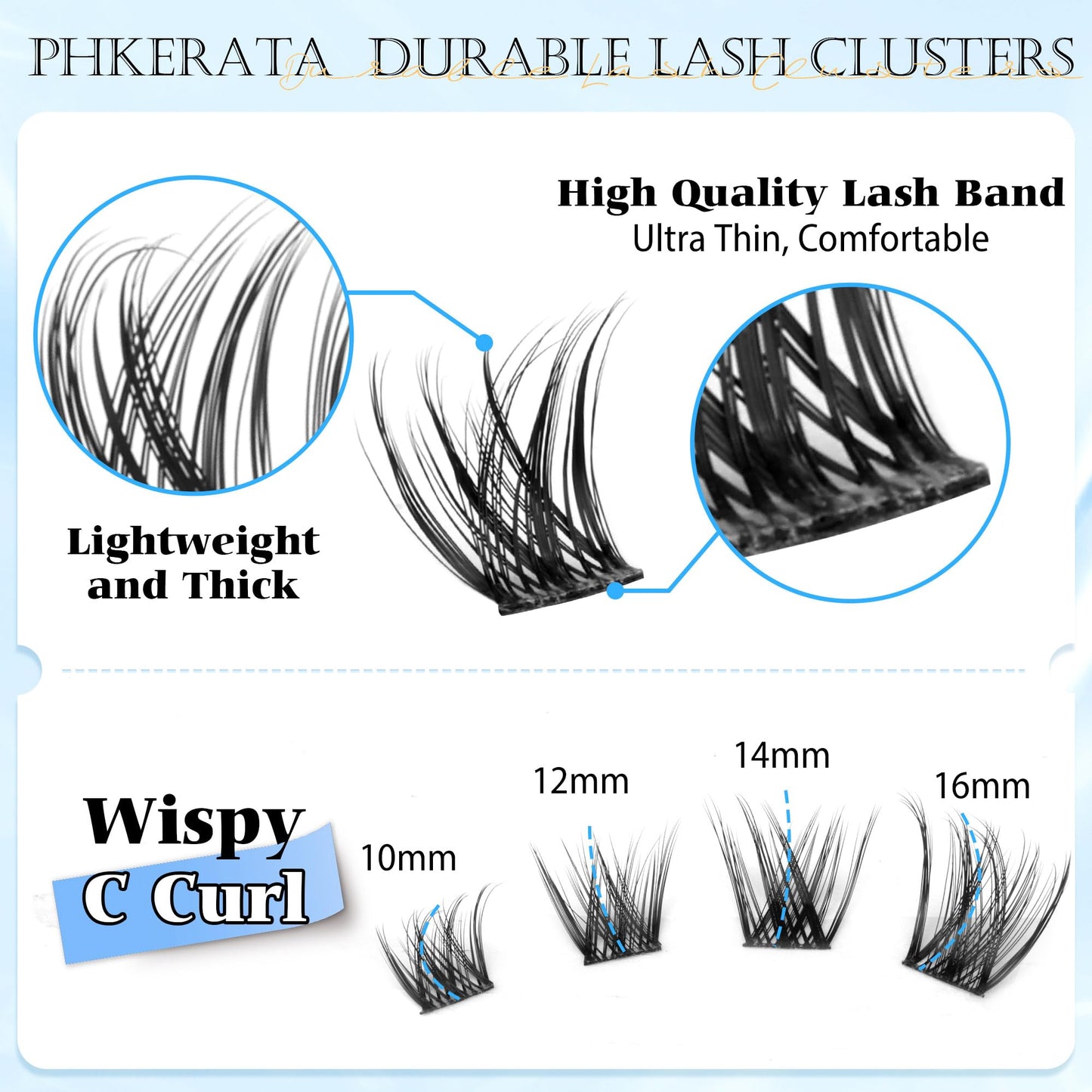 PHKERATA Wispy Lash Clusters Natural Cluster Eyelash Extensions, 110 pcs C Curvature Individual Lashes 10-16 mm Mix Length, Reusable Eyelash Clusters with Thin Lash Band