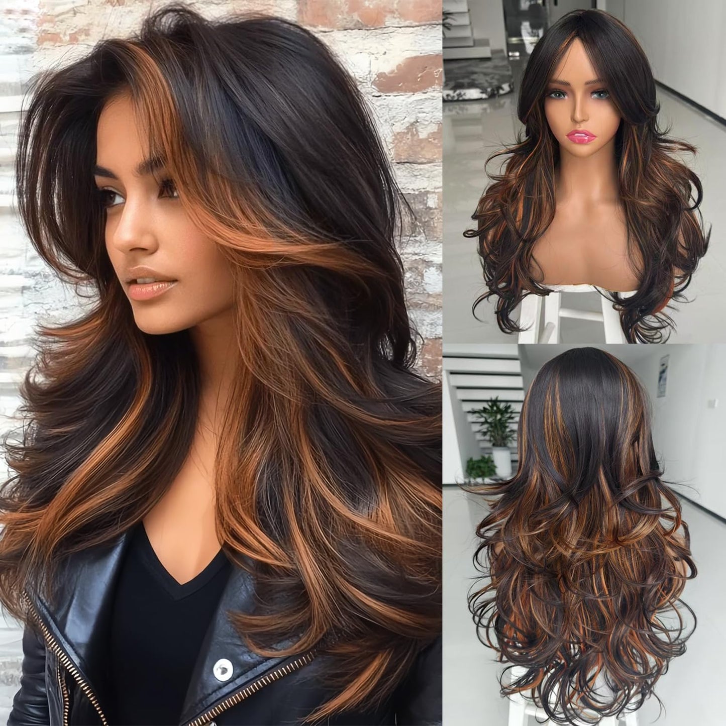 Long Black Wavy Wig for Women - Layered Synthetic Hair with Curtain Bangs | 24-Inch Natural Look