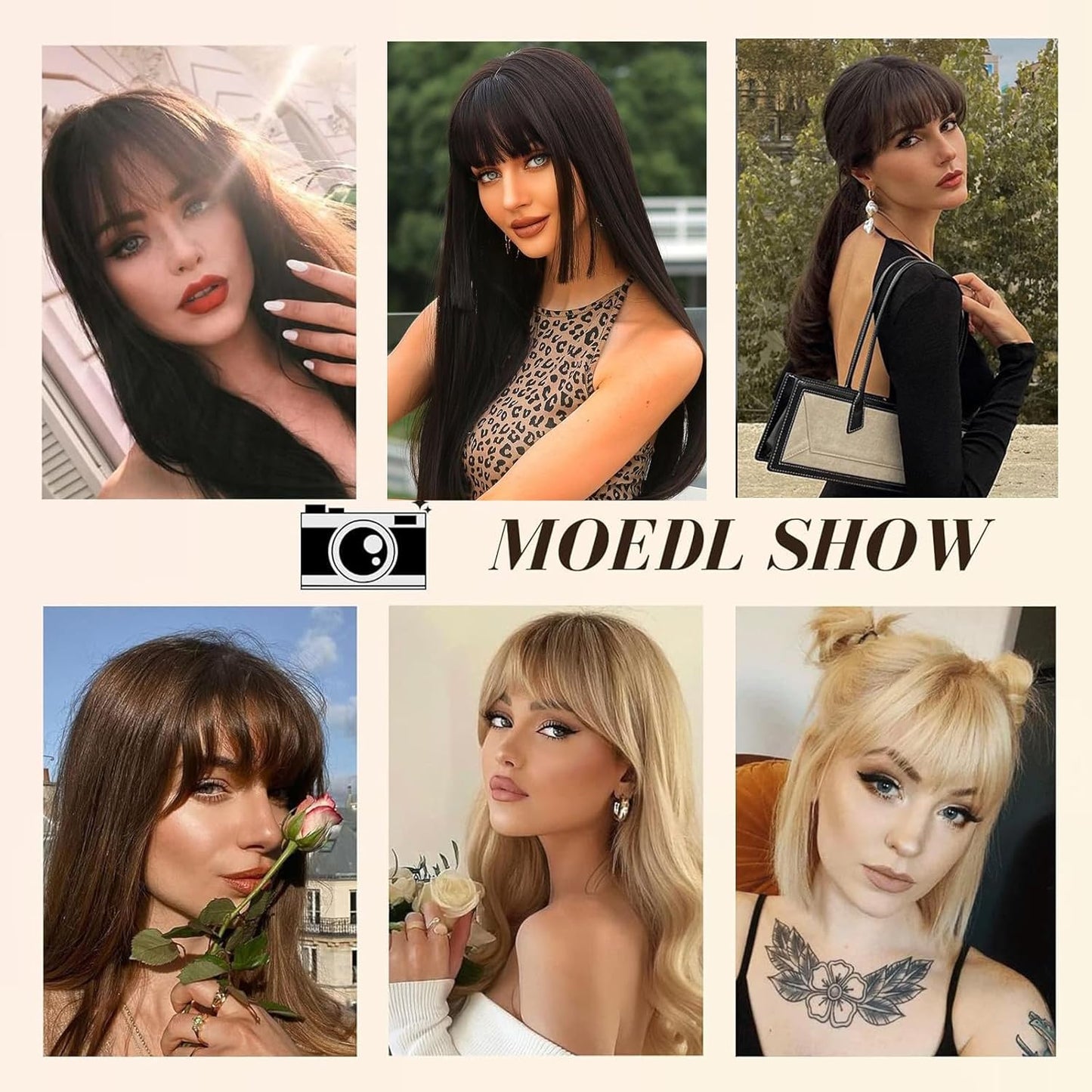 Clip In Bangs | Natural Black Real Human Hair Extensions - Stylish Curtain Fringe for Women