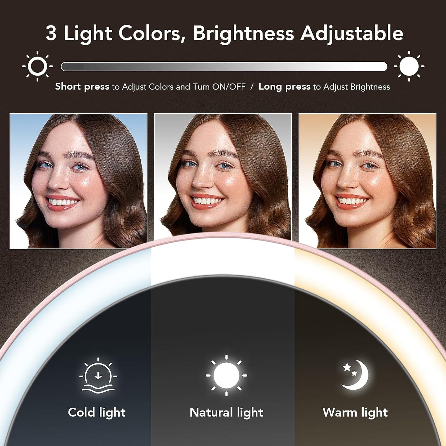 Travel Makeup Mirror with Lights - Rechargeable Double-Sided 10X/1X Magnifying | Portable Dimmable Touch Screen (Pink)