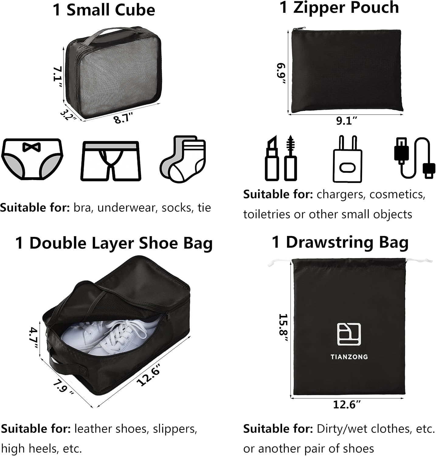 Packing Cubes Set - 7-Piece Travel Organizers for Luggage | Includes Shoe Bag - Black