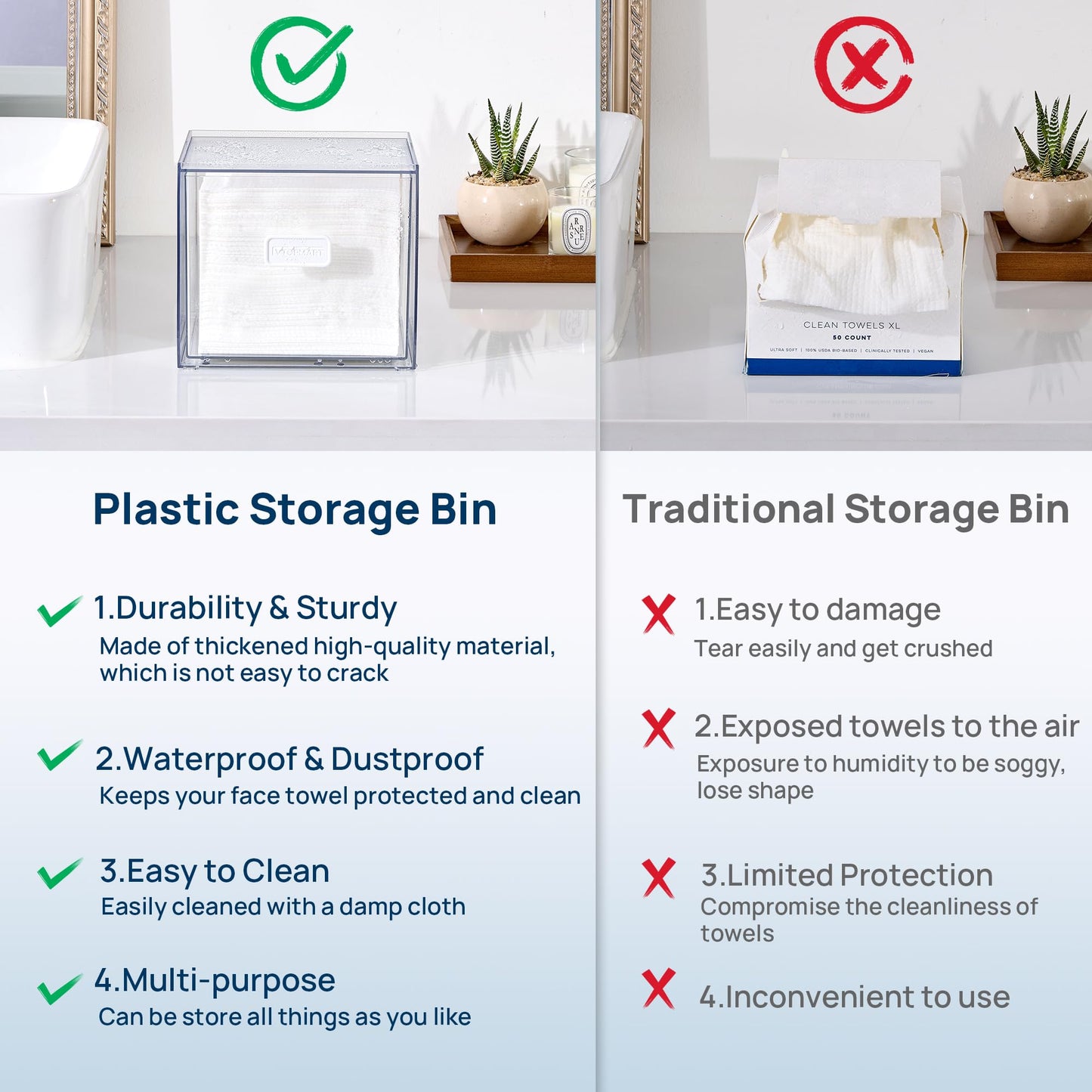 Vtopmart Disposable Facial Towels Holder,Clear Storage Drawer Compatible with Clean Skin Club Towel XL,Acrylic Box Hold 50 Count,Stylish and Functional Bathroom Accessory for Coutertop Organization
