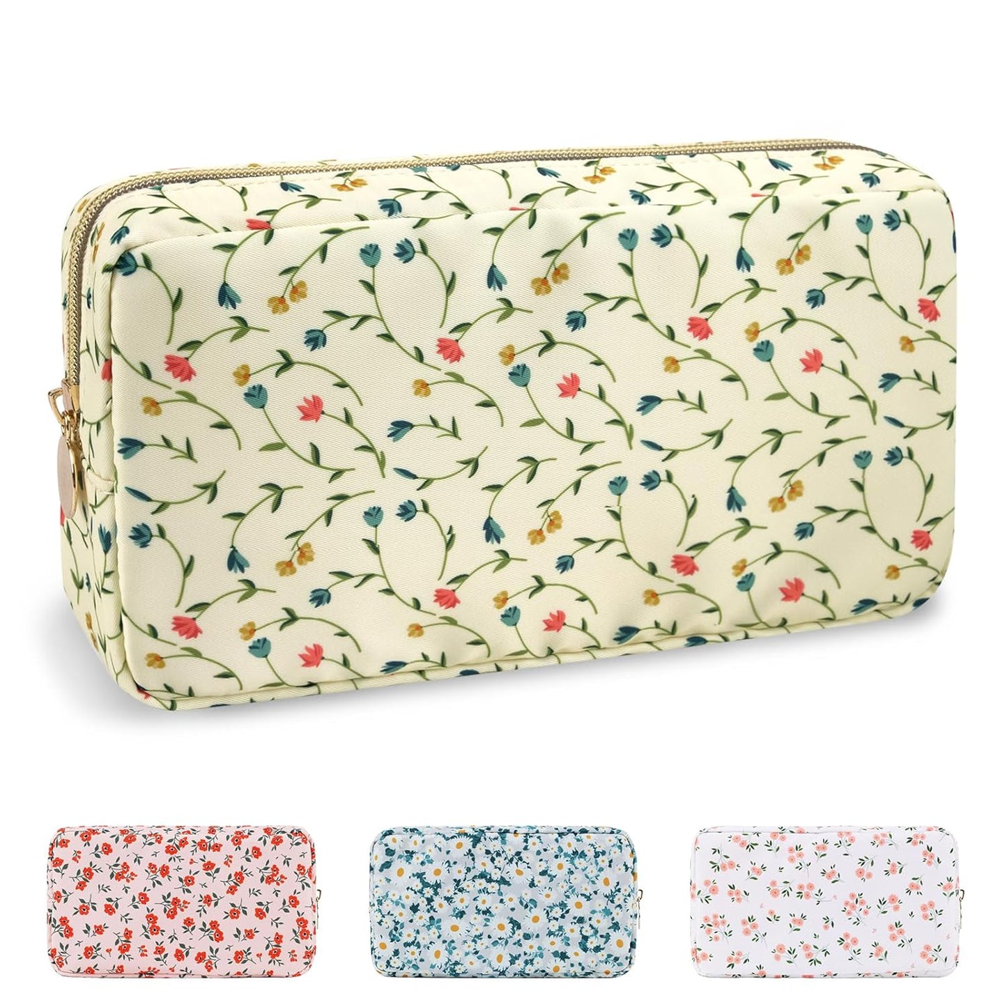 Waterproof Mini Floral Makeup Bag - Nylon Travel Pouch for Women | Cute Zipper Toiletry Organizer (Mini White-Flowers)