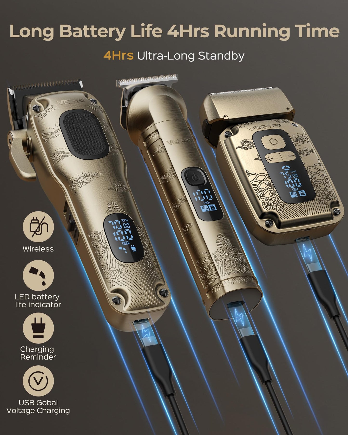 VGRPRO Hair Clipper & Trimmer Set for Men Professional, Waterproof Electric Razor Foil Shaver for Men Face Beard, Cordless for Hair Cutting, 4-Speed Setting, LED Battery Display, Barber or Home Use
