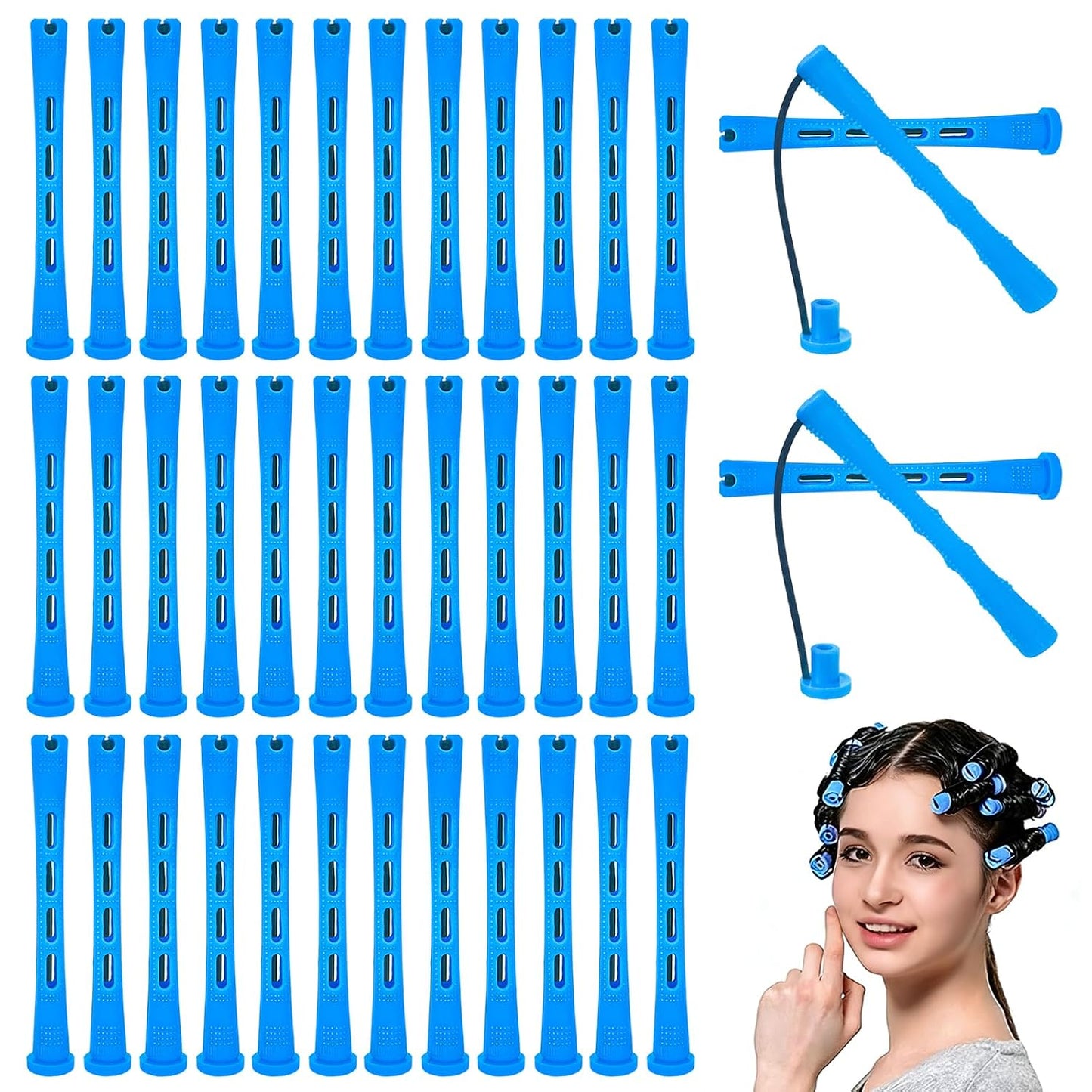 Blue Plastic Hair Perm Rods - 40 Pcs Small Cold Wave Curling Rollers for DIY Hair Styling