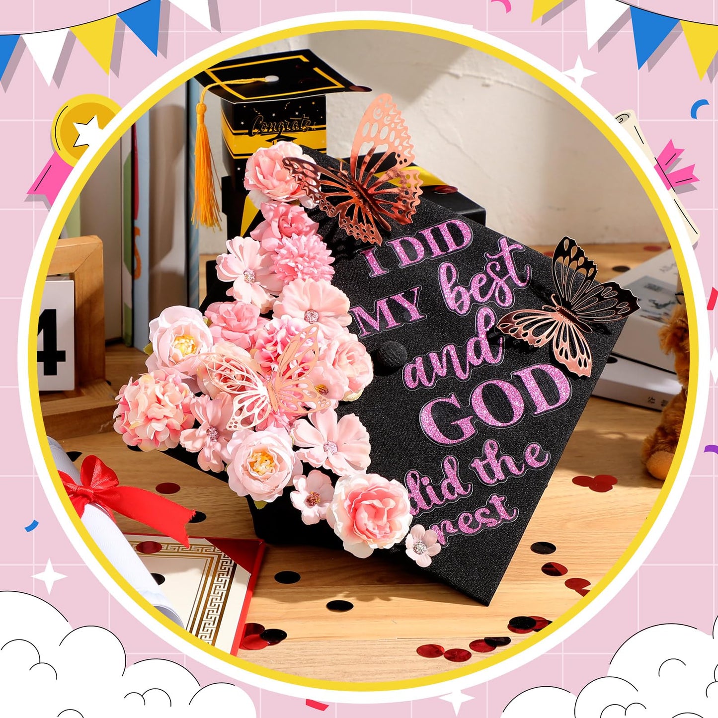 Feifeiya 36 Pcs DIY 2026 Graduation Cap Decorations Accessory Kit Include Faux Flower Heads Graduation Quotes Glitter Stickers 3D Butterfly for Grad Cap Topper DIY Gift(Pink,Inspirational)