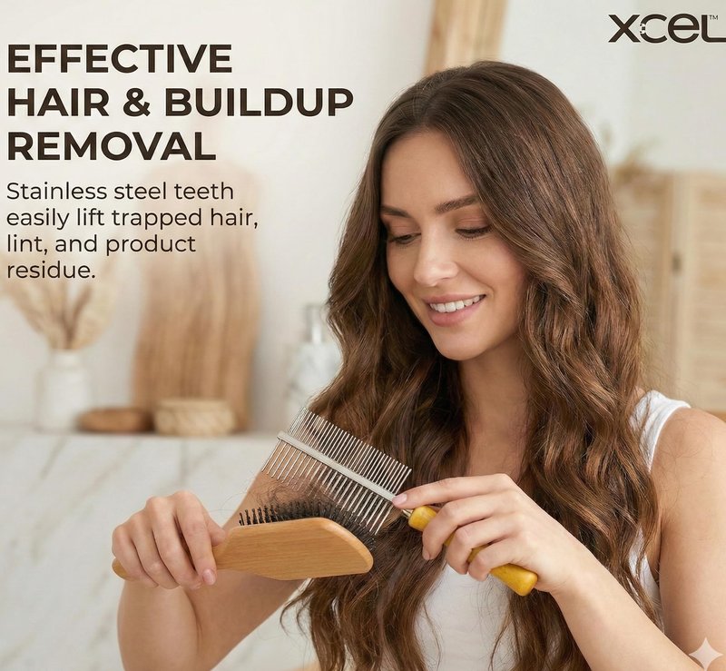 XCEL 2-in-1 Hair Brush Cleaner Tool, Dual-Sided Hairbrush Cleaning Rake & Comb for Removing Hair, Lint, Dust and Product Buildup from Paddle, Boar Bristle, Round and Detangling Brushes