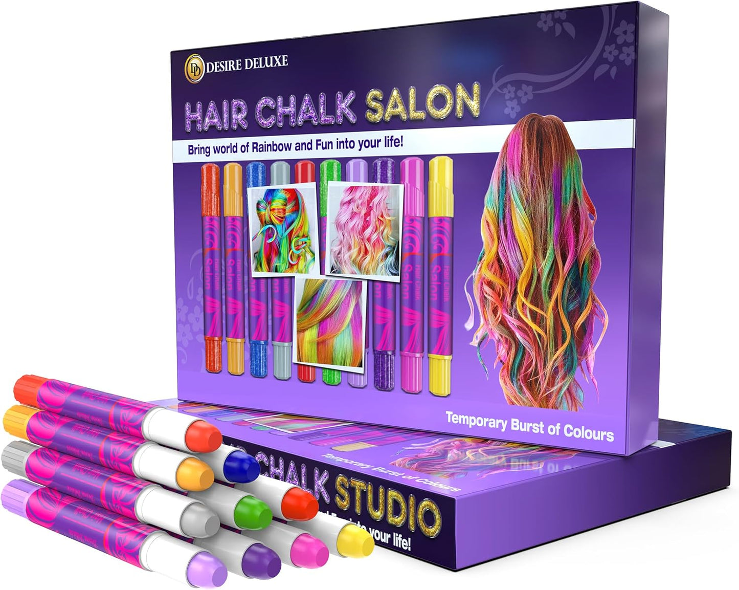 Hair Chalk Set for Girls - 10 Washable Temporary Color Pens | Perfect for Makeup, Dress-Up & Party Activities