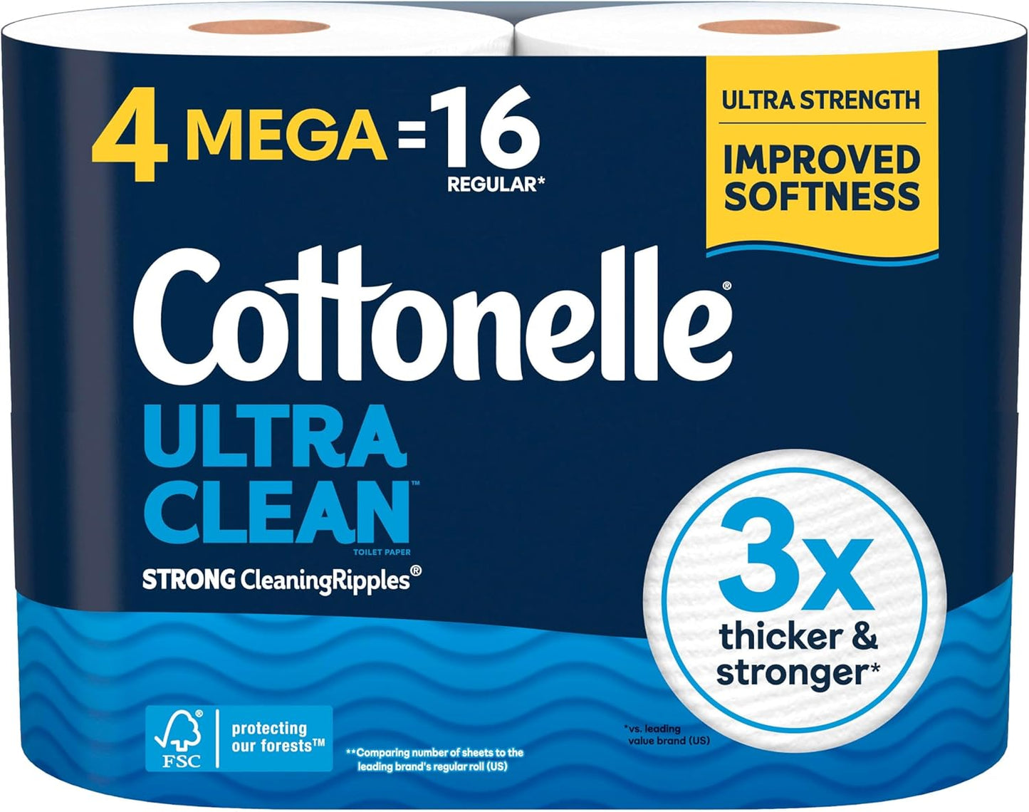 Cottonelle Ultra Clean Toilet Paper - Active Cleaning Ripples Texture, 24 Mega Rolls | Strong Bath Tissue