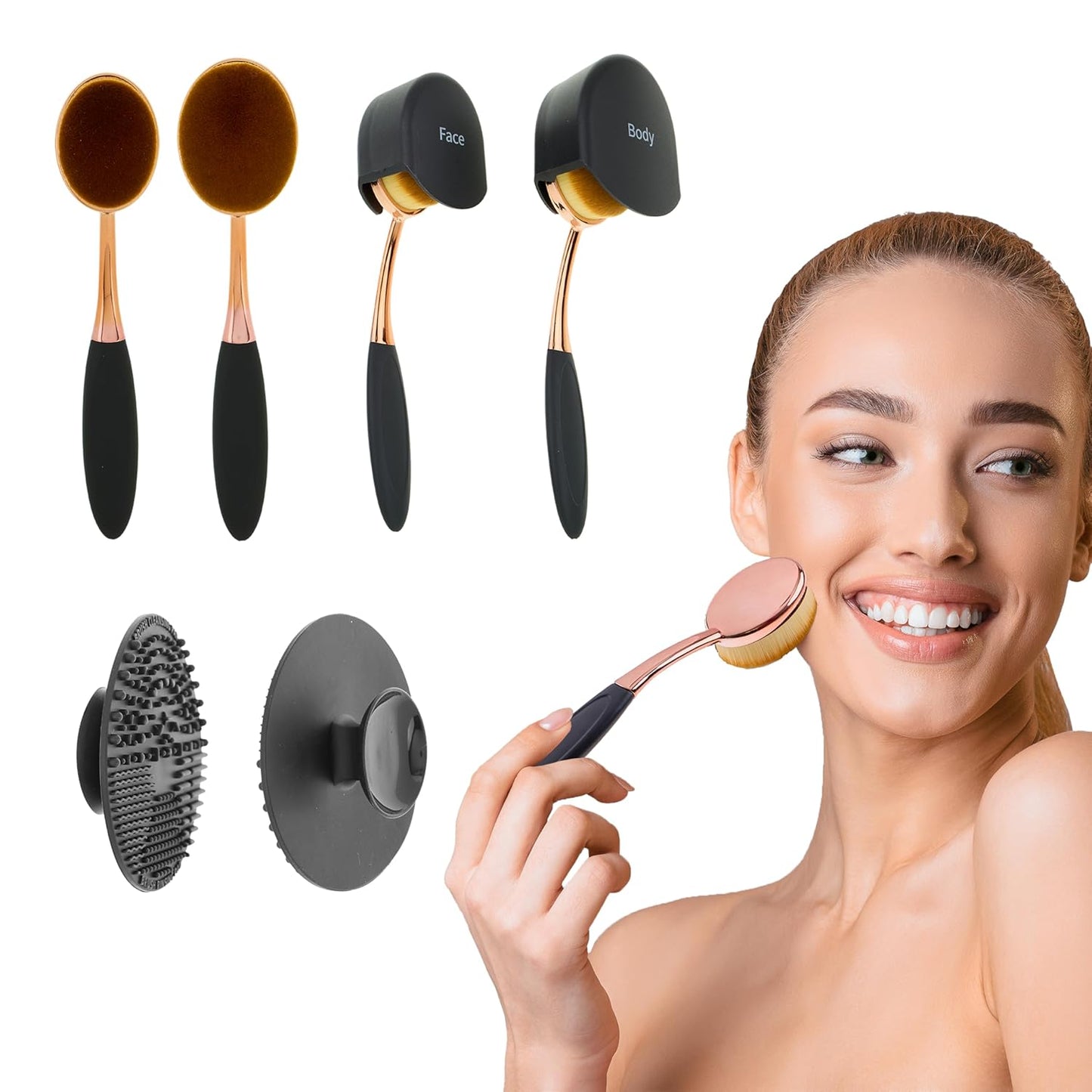 Multipurpose Oval Makeup Brush Set - Premium Face & Body Brushes for Seamless Application | Includes Silicone Brush Cleaner