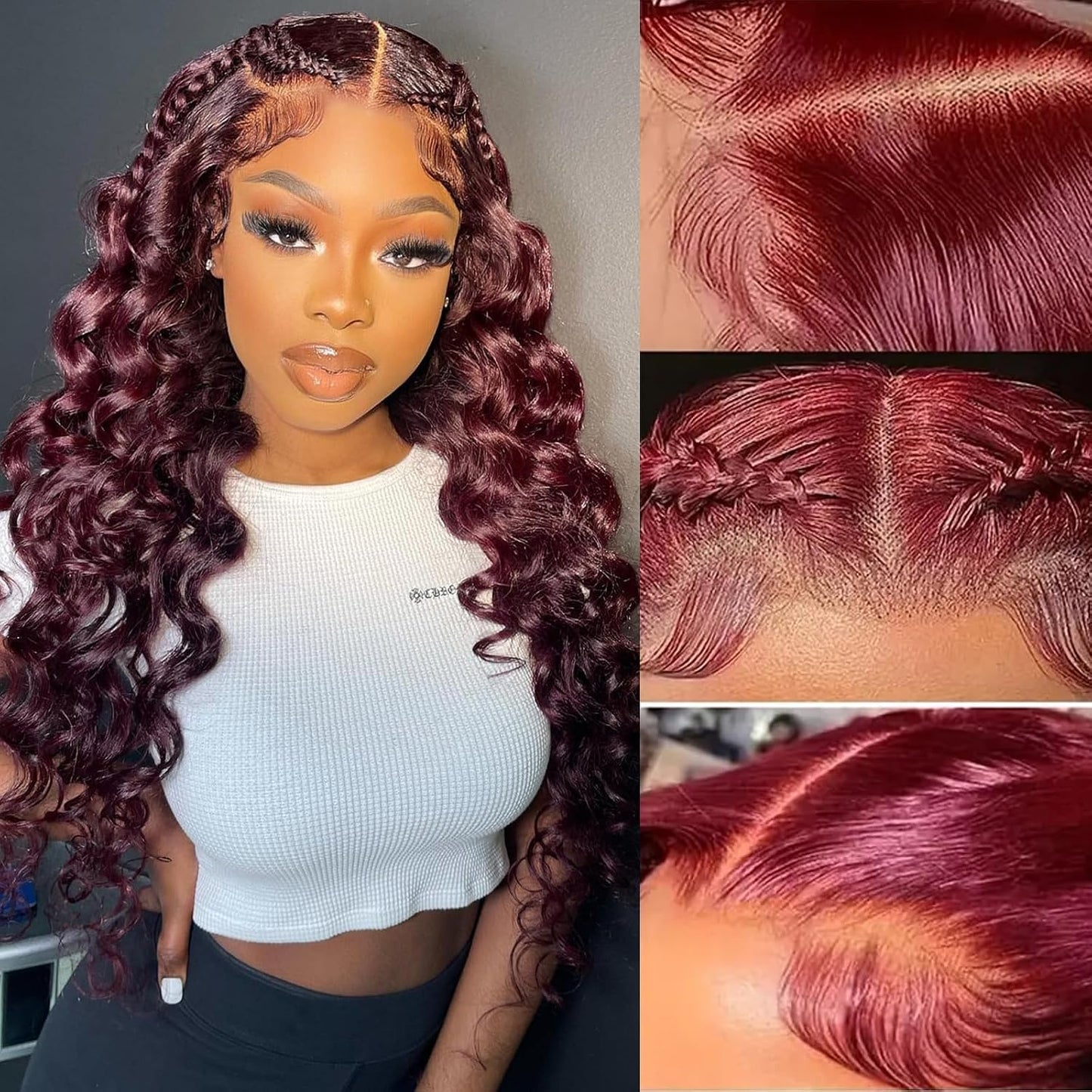 Burgundy Human Hair Wig - Water Wave Lace Front, 26-Inch 99J Deep Wave for Women | HD Transparent 13x4