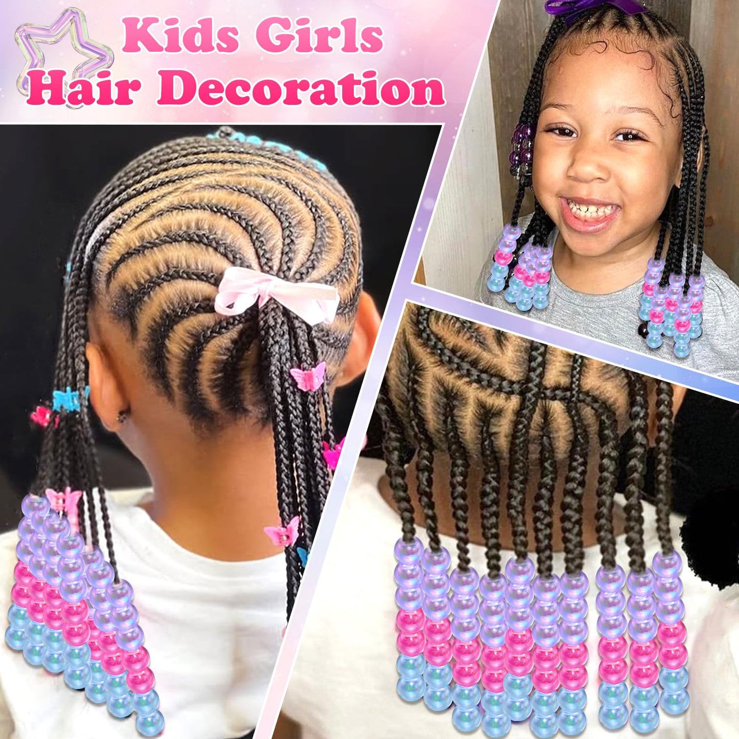 VENOFEN 60PCS AB Hair Beads Spacer Round Braids Bead with Large Hole Blue&Purple&Pink Pony Bead Loc Dreadlock Jewelry Kids Girls Hair Decoration Accessories