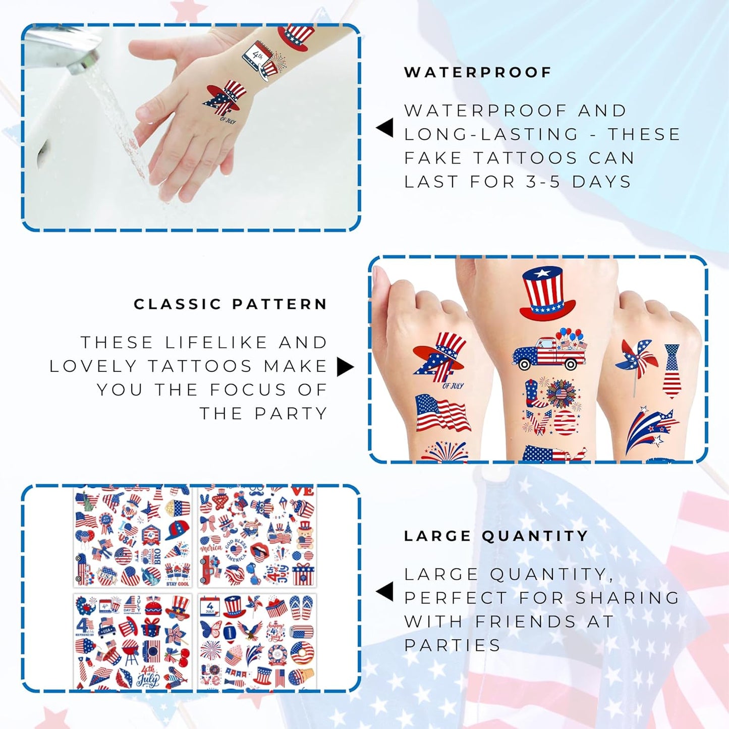 Fourth of July Temporary Tattoos - 105 Patriotic USA Stickers for Party Favors | Red, White & Blue Designs