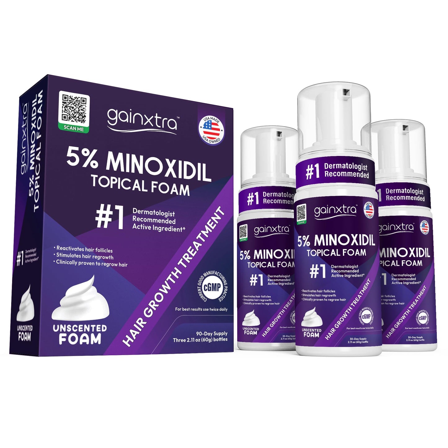 5% Minoxidil Topical Foam for Men & Women - Hair Regrowth Treatment with Minoxidil Foam Mens for Thicker, Fuller Hair - Minoxidil for Men & Women Hair Loss Treatment (Pack of 3)