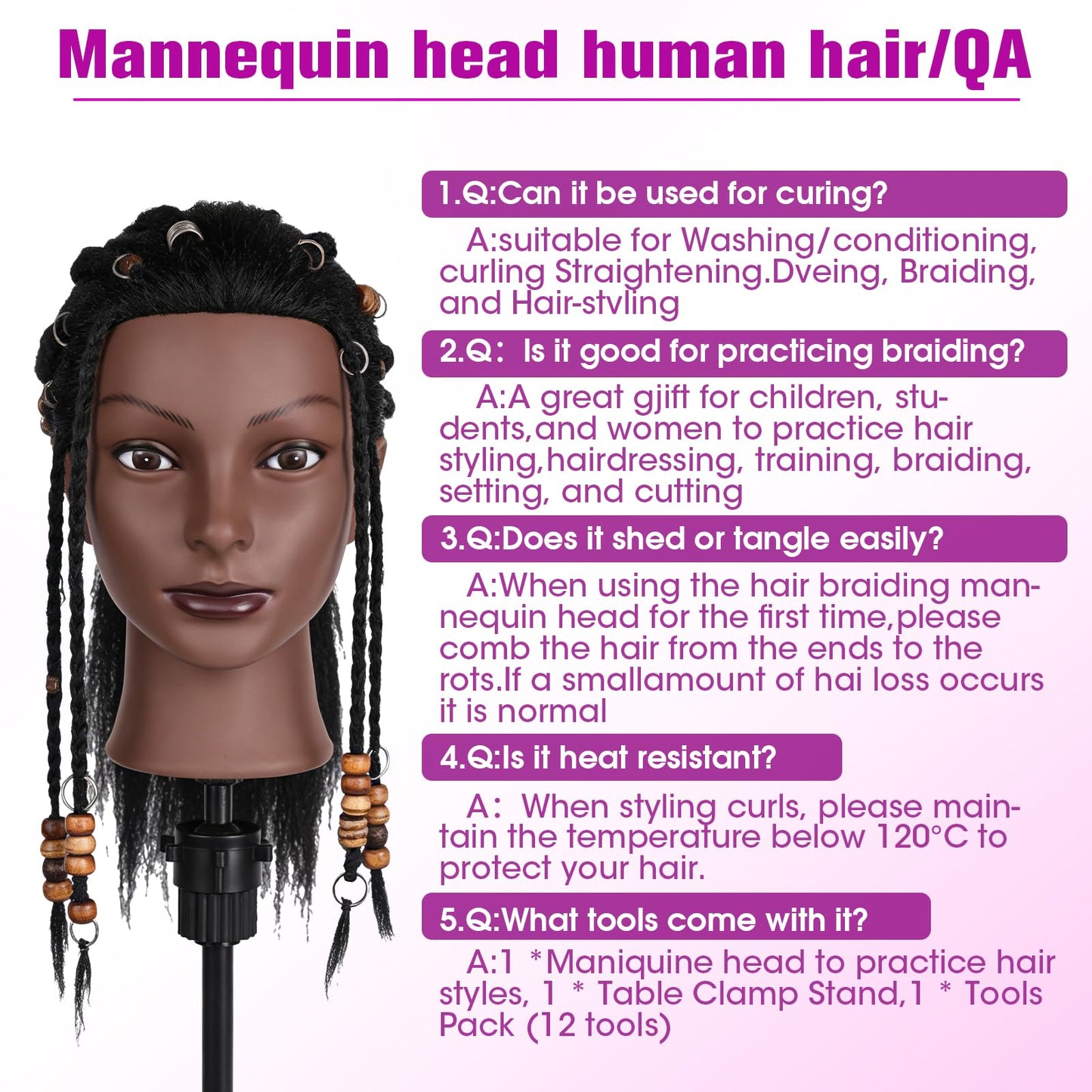 100% Real Hair Mannequin Head,22''Human Hair Mannequin Cosmetology Manikin Doll Head Hair Styling Hairdressing Practice Training Head with Clamp Holder and Tools（Black）