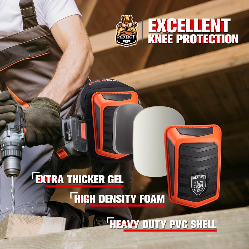 REXBETI New Upgraded Knee Pads for Work, Construction Knee Pads for Men, Heavy Duty Comfortable Anti-Slip Foam Gel Knee Pads for Gardening Flooring and Cleaning, Extra 4 Extension Straps, Orange