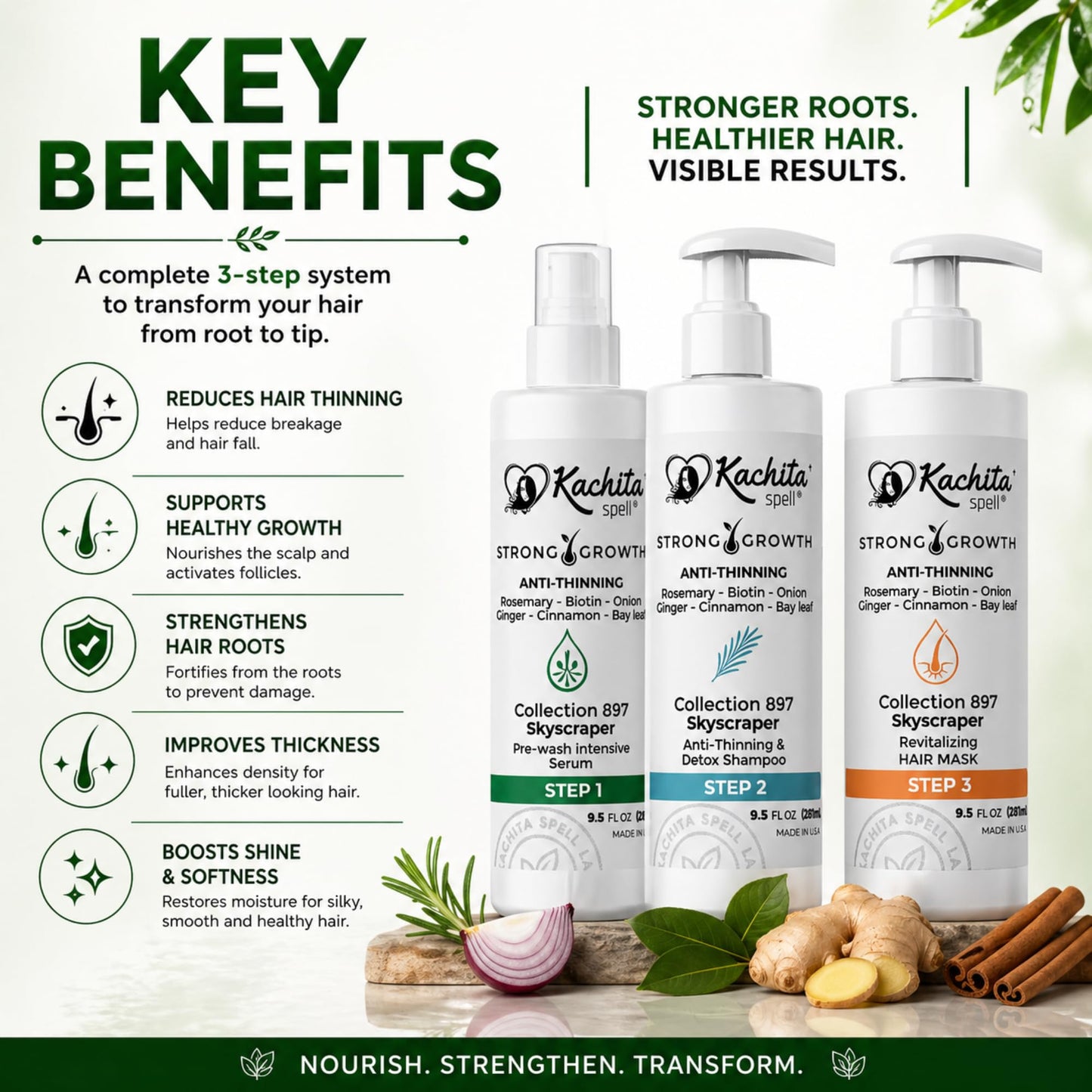 Kachita Spell Strong Growth Hair Care Set – Shampoo, Hair Mask & Serum with Biotin, Rosemary, Onion & Ginger – Anti-Thinning Hair Routine for Fuller, Stronger-Looking Hair, For Men & Women