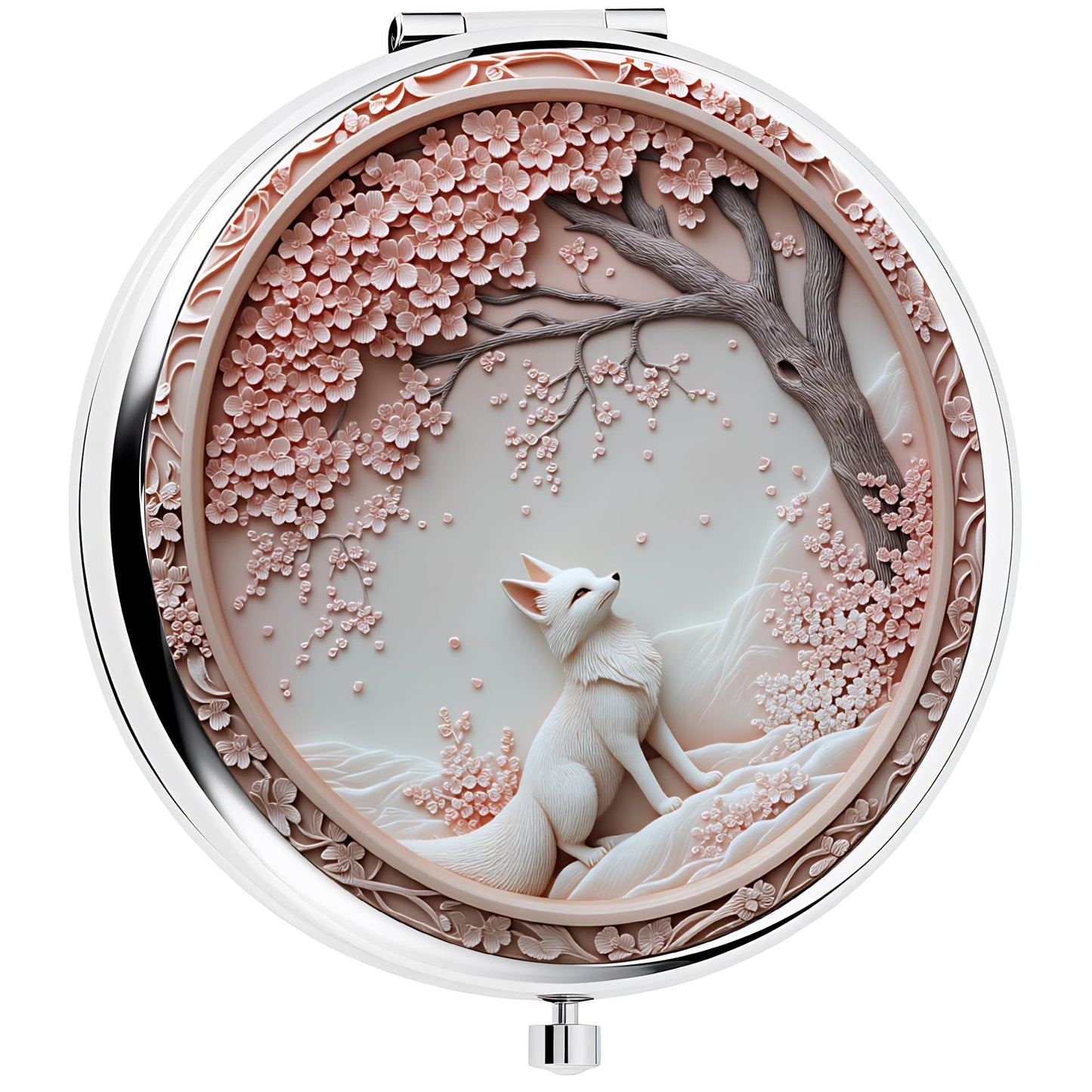 Silver Compact Mirror, 2.8x2.8inch Double-Sided Folding Makeup Mirror with Cherry Blossom White Fox Design, Ideal Gift for Women