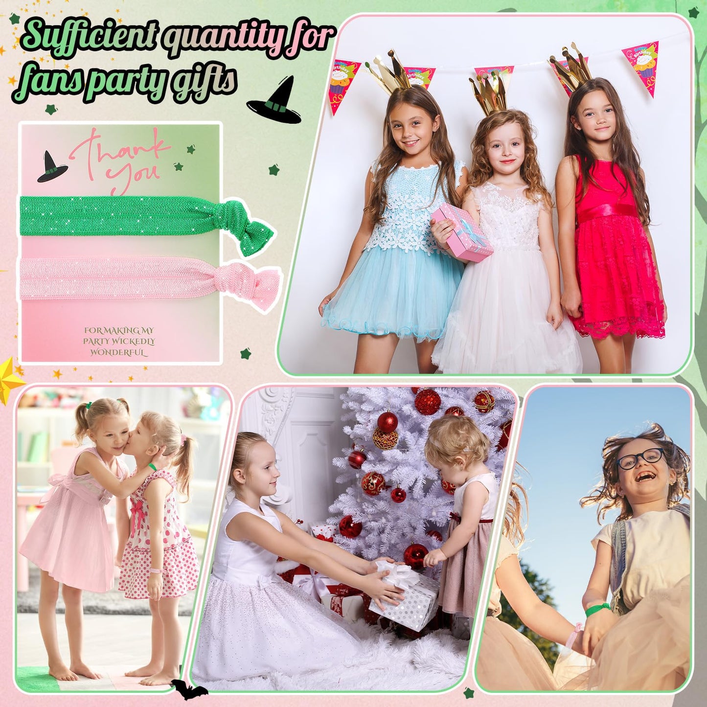 Yuxung 12 Sets Green and Pink Party Favors Elastic Witch Hair Ties Hair Accessories with Thank You Card for Witch Friendship Gifts