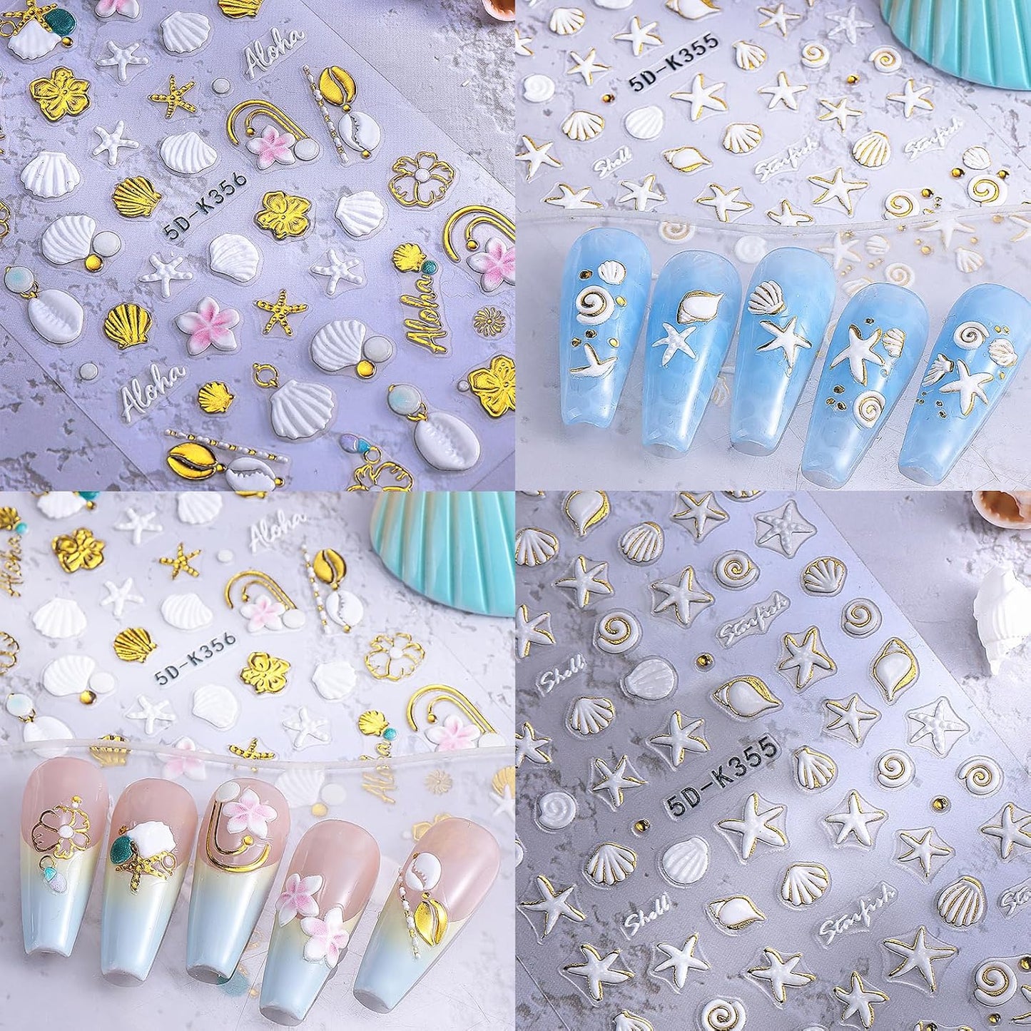 5D Embossed Beach Nail Stickers - Ocean-Themed White & Gold Shell & Starfish Designs | 2PCS Self-Adhesive Nail Art for Summer Manicure