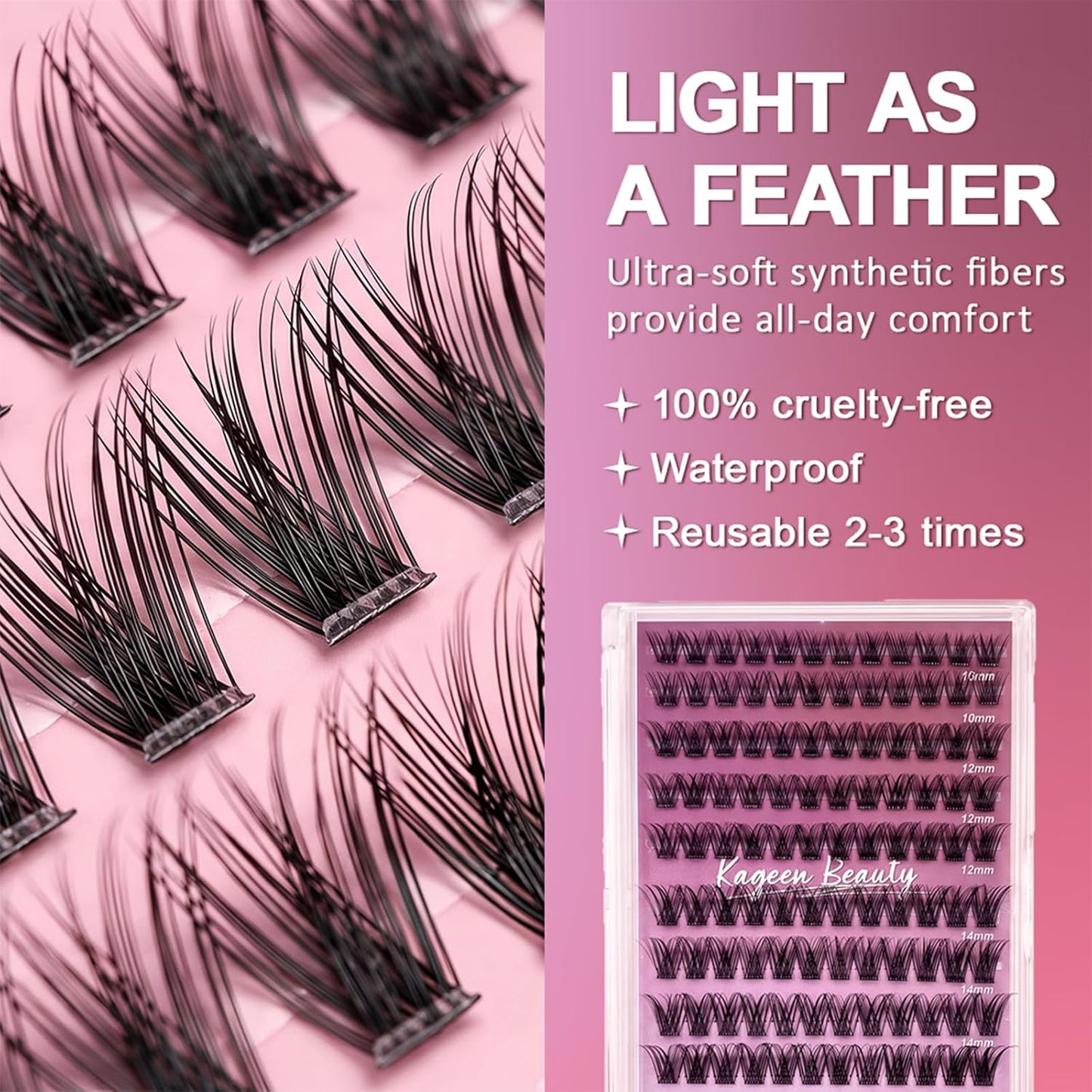 Self-Adhesive False Eyelashes - 100 Clusters for Natural Look | Fluffy, Lightweight, Thick Curled (10-16mm)