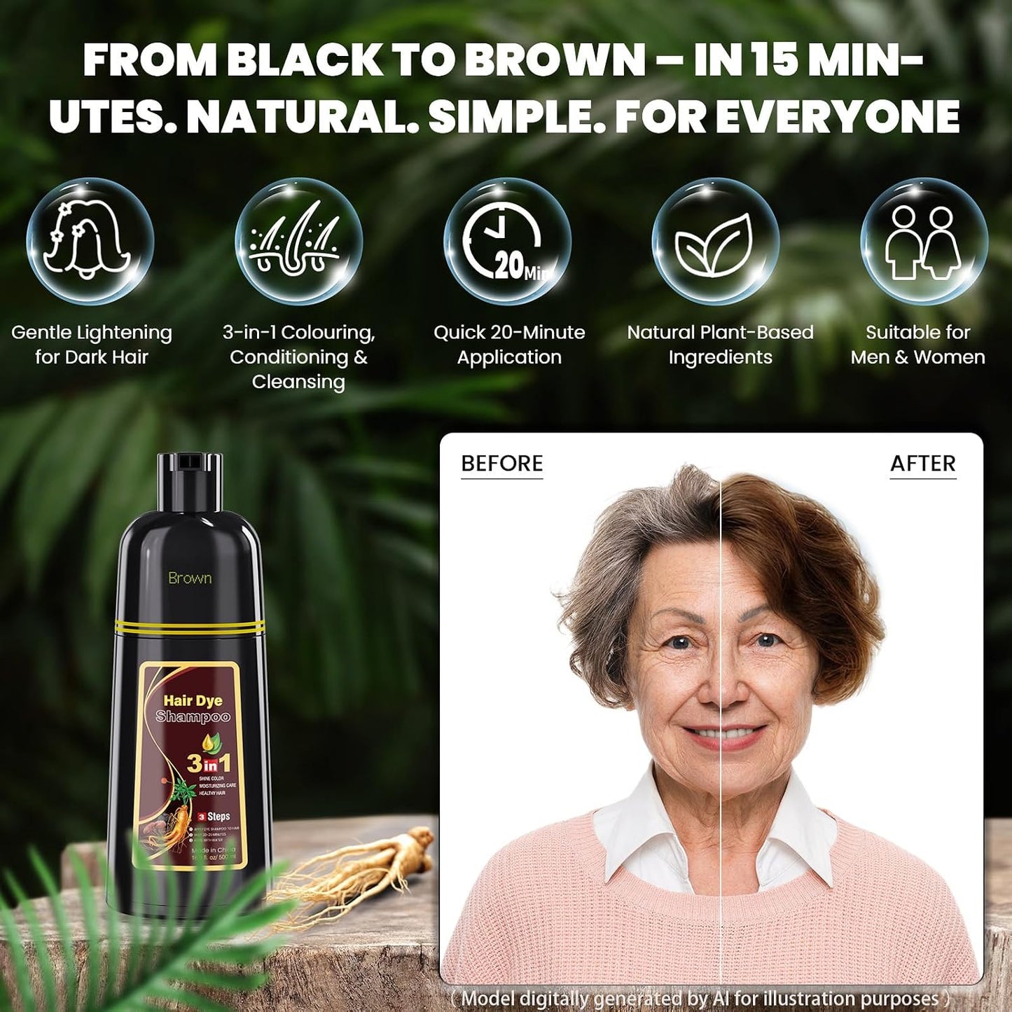 Brown Hair Dye Shampoo - Herbal 3-in-1 Formula for Semi-Permanent Grey Coverage | Unisex Hair Color Solution