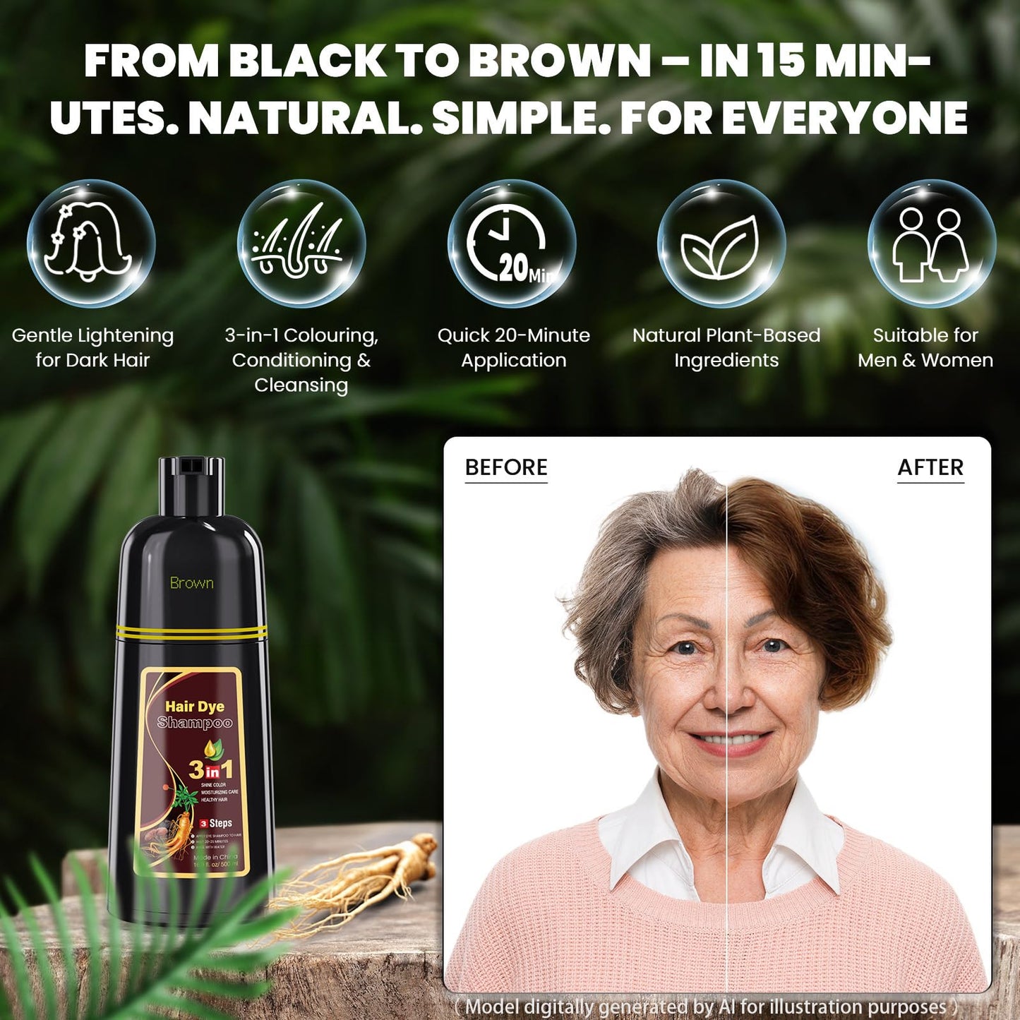 BELEZALIB Brown Hair Dye Shampoo 3 in 1, Herbal Ingredients Hair Color Shampoo for Semi-Permanent Cover Grey Hair, Hair Dye for Men and Women