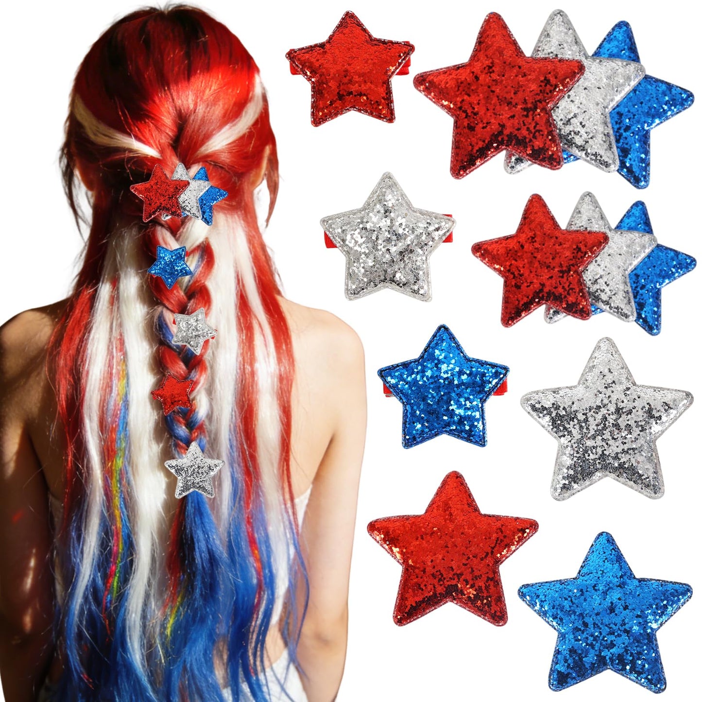8 Pcs Star Hair Clips 4th of July Glitter Red White Blue Star Y2K Hair Barrettes Non Slip Sparkly Sequin Stars Hair Accessories for Women Girls Independence Day Hair Decoration