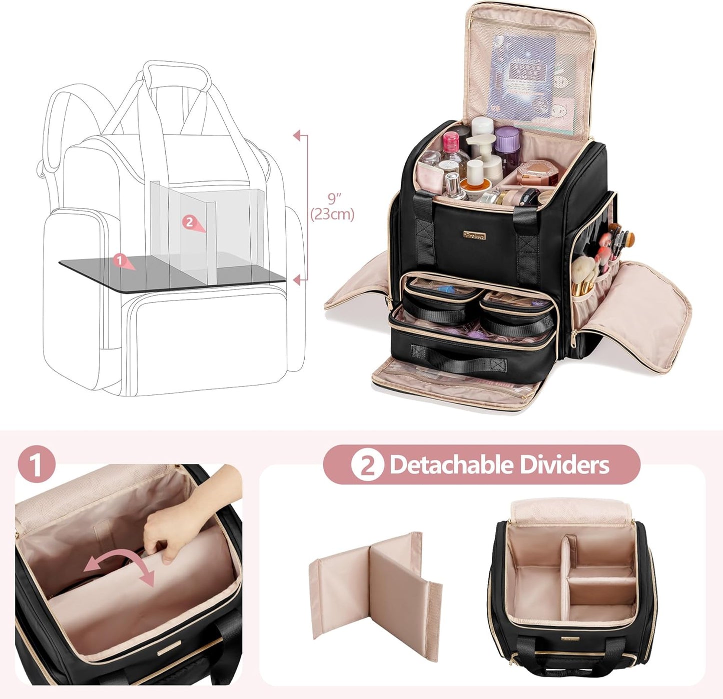 Large Makeup Backpack - Professional Double Layer Case with 3 Clear Bags & Brush Storage for Artists