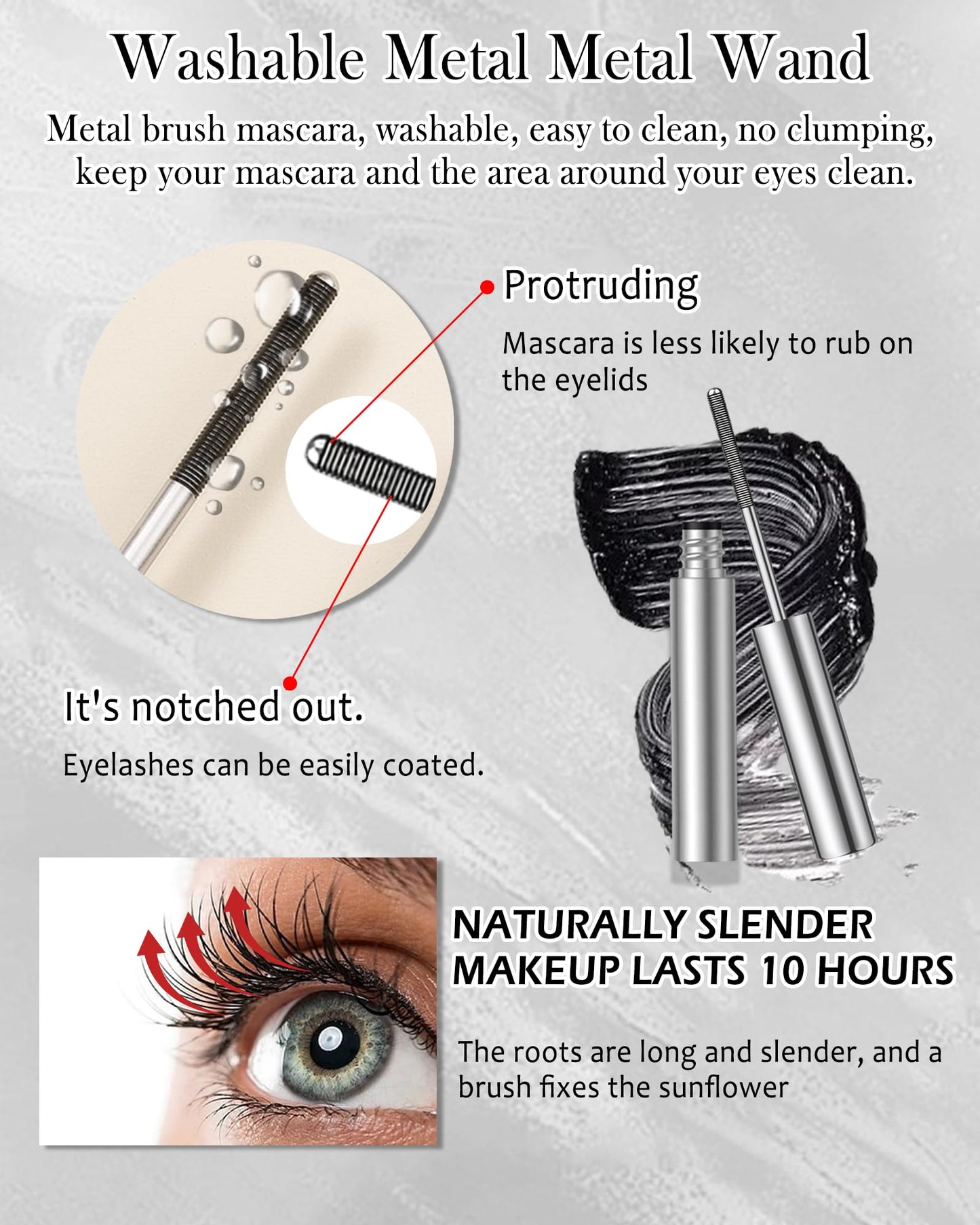 Washable Metal Rod Mascara, Black Waterproof Tube Mascara Volume and Length,3D Skinny Curling Iron Wand,Long Lasting Smudge-Proof Non Clumping Lengthening Fiber Lash Máscara Makeup for Women