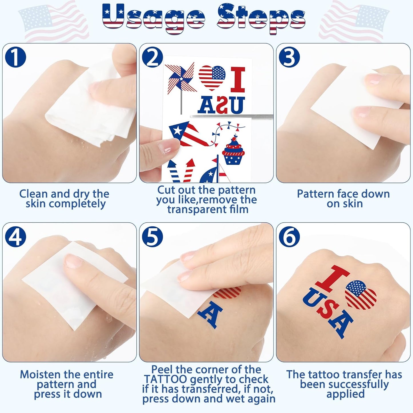 Fourth of July Tattoos for Kids - 106 PCS Patriotic Temporary Stickers | American Flag Red, White & Blue Decor