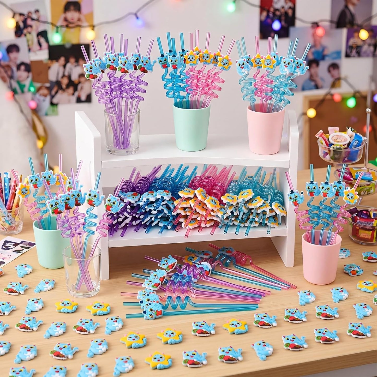 Kpop Party Straws - 24 Pack Blue Cat Toppers for Anime Birthday Parties | Fun Fan Meeting Gifts