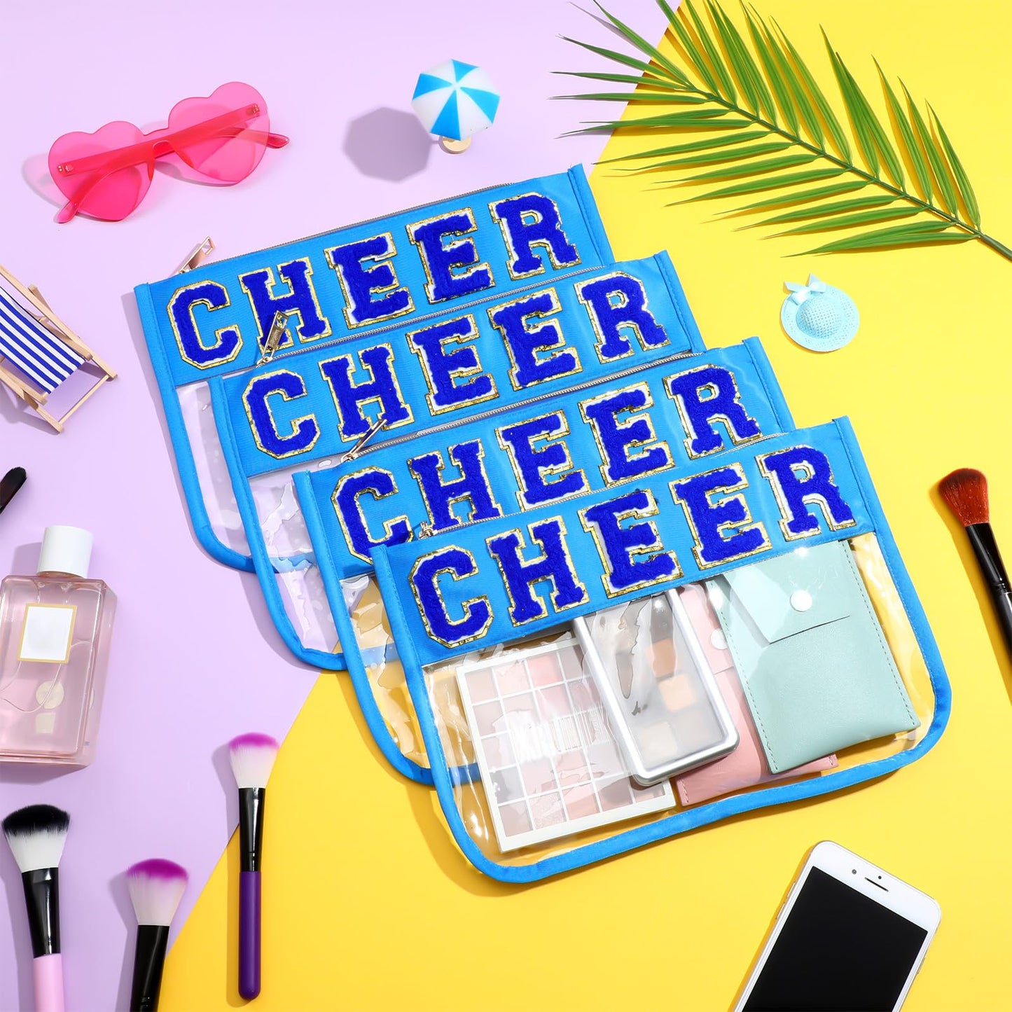 Abbylike 4 Pcs Cheer Makeup Bag Gift Set 11.8x8.2 Inches for Cheerleader Team Girls Clear Chenille Letter Cosmetic Bags Zipper Toiletry Makeup Pouch Bulk Women Travel Snack Bag(Blue,Cheer)