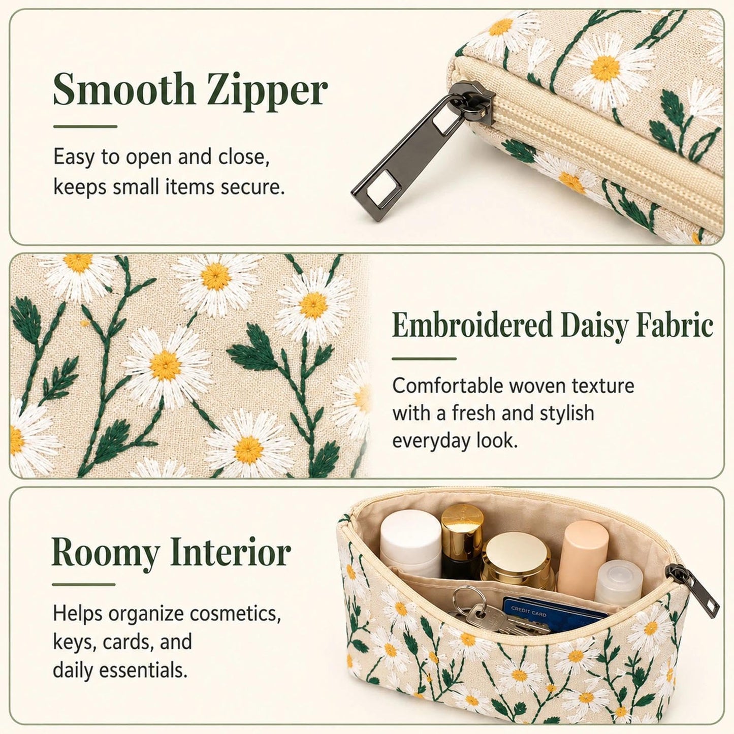 BBORGDC Small Cosmetic Bag Set of 3 for Purse, Cute Cotton Floral Makeup Bags, Small Makeup Bag Organizer, Cosmetic Pouch Set for Travel & Daily Use