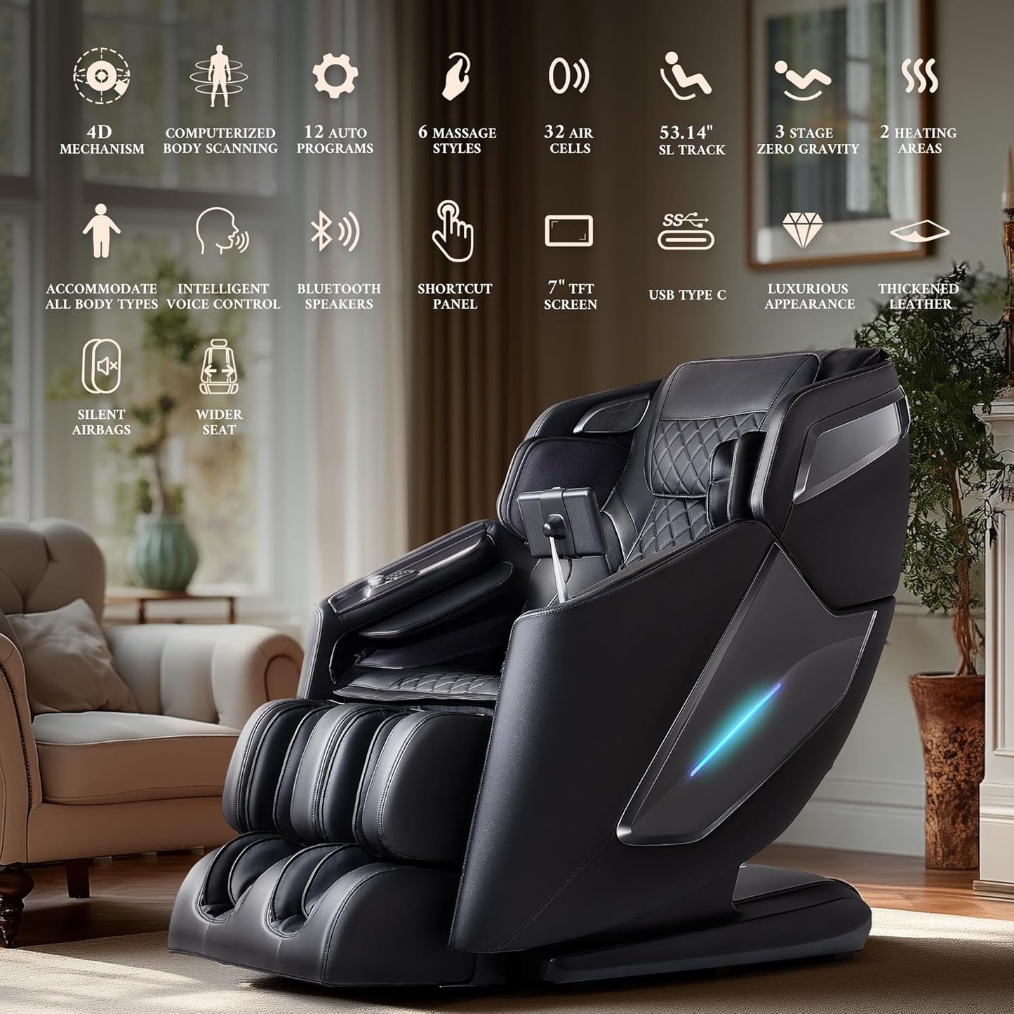 4D Massage Chair - Full Body Zero Gravity Recliner with Voice Control | 53.14" SL Track, 12 Auto Modes, Bluetooth Speaker