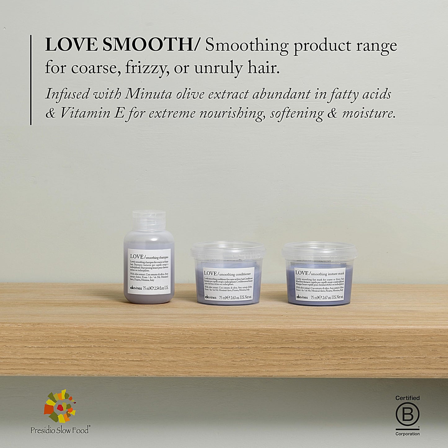 Davines LOVE Smoothing Conditioner, Taming Anti-Frizz Hydrating Action for Wavy, Unruly, Coarse Hair - Gives Controlled, Combable, Shiny, Sleek & Smooth Look, Travel Size, 2.54 Fl Oz