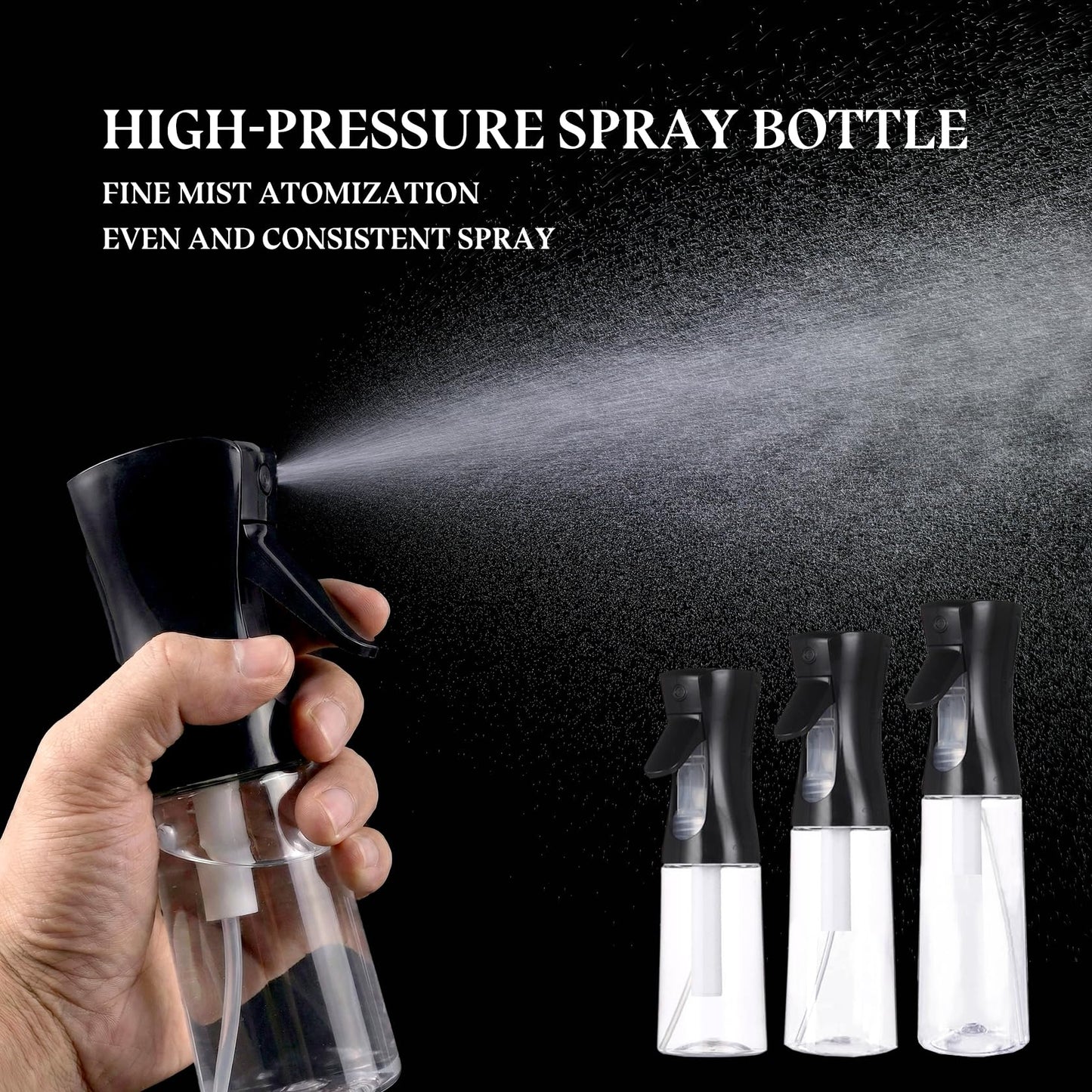 DWDiWen 3 Pack Continuous Spray Bottle Atomizing Mister for Hair,Plants,Cleaning,Travel Fine Mist Water Spray Bottles for Styling,Refillable Empty Spray Bottles Black&Transparent (200ml+300ml+500ml)