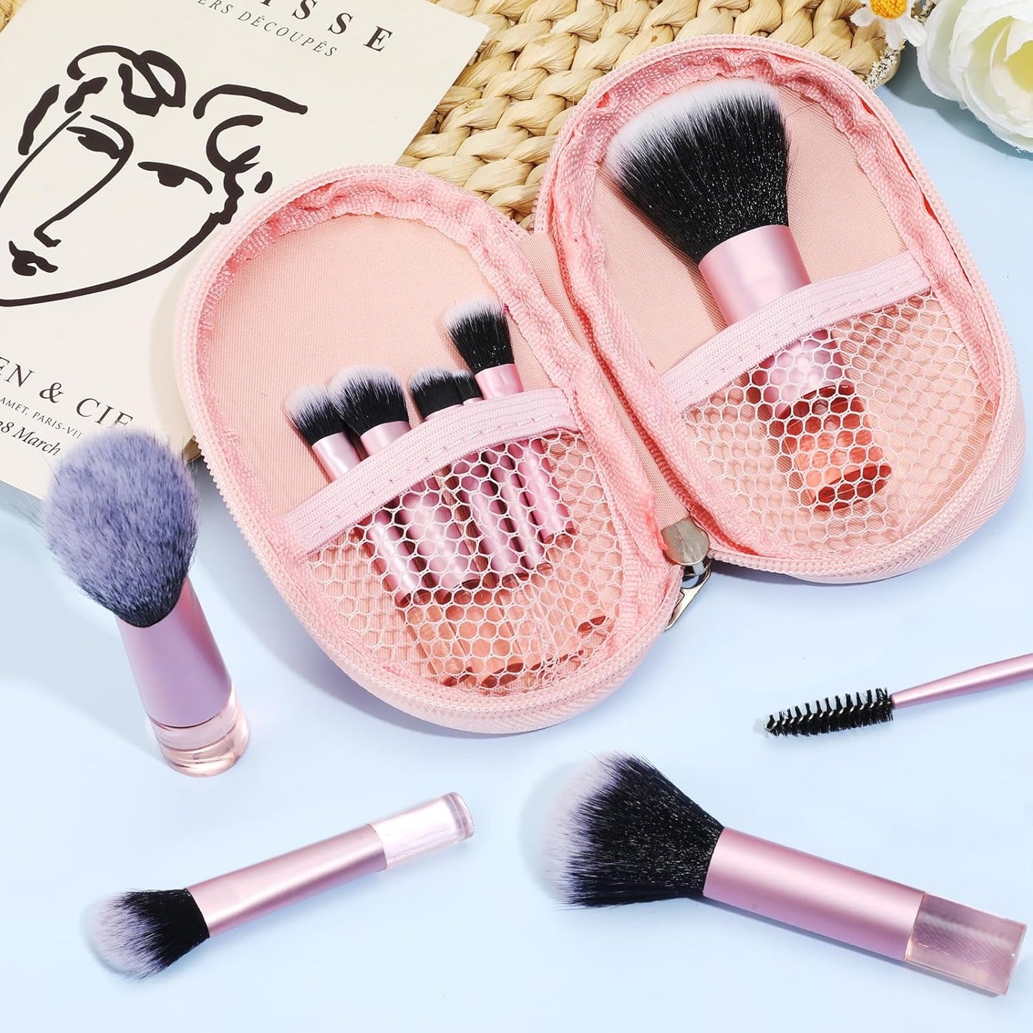 Travel Makeup Brushes Set - 10 Pcs Mini Portable Cosmetic Brushes with Pouch | Ideal for Women & Girls