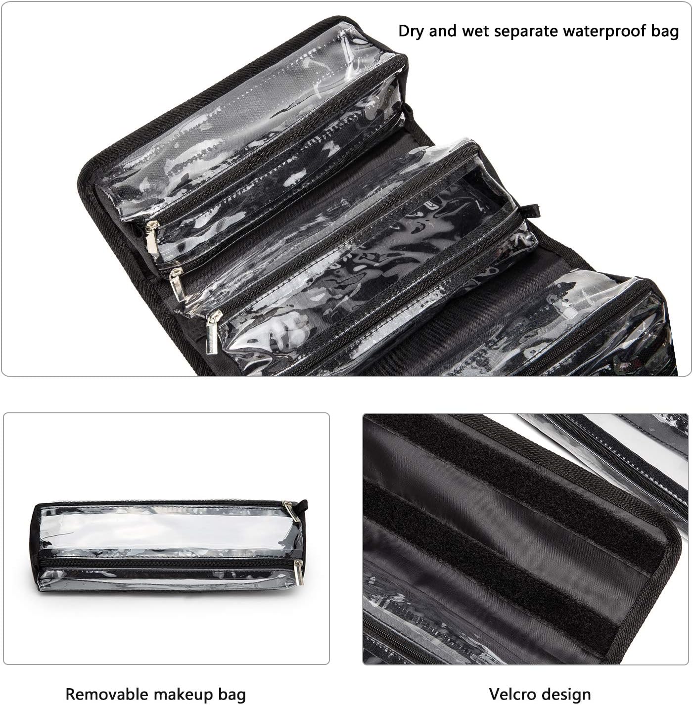 Roll Up Makeup Bag - Travel Toiletry Organizer with 4 Clear TSA Approved Pouches | Hanging Cosmetic Bag for Men & Women