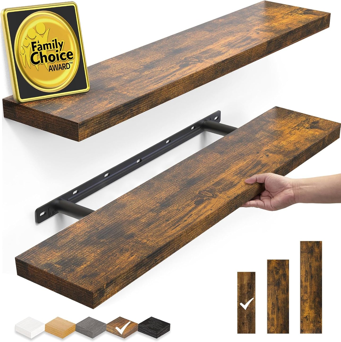 Floating Shelves Set of 2 - Rustic Wood Wall Mounted | 22.5 Inches for Bathroom, Bedroom, Living Room, Kitchen - 22lbs Capacity, Rustic Brown