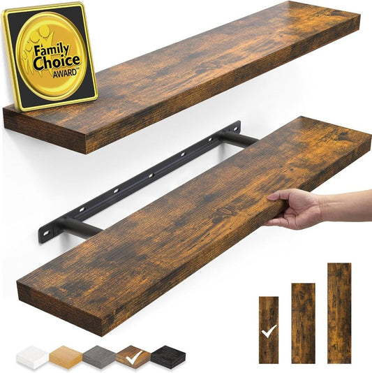 Floating Shelves Set of 2 - Rustic Wood Wall Mounted | 22.5 Inches for Bathroom, Bedroom, Living Room, Kitchen - 22lbs Capacity, Rustic Brown