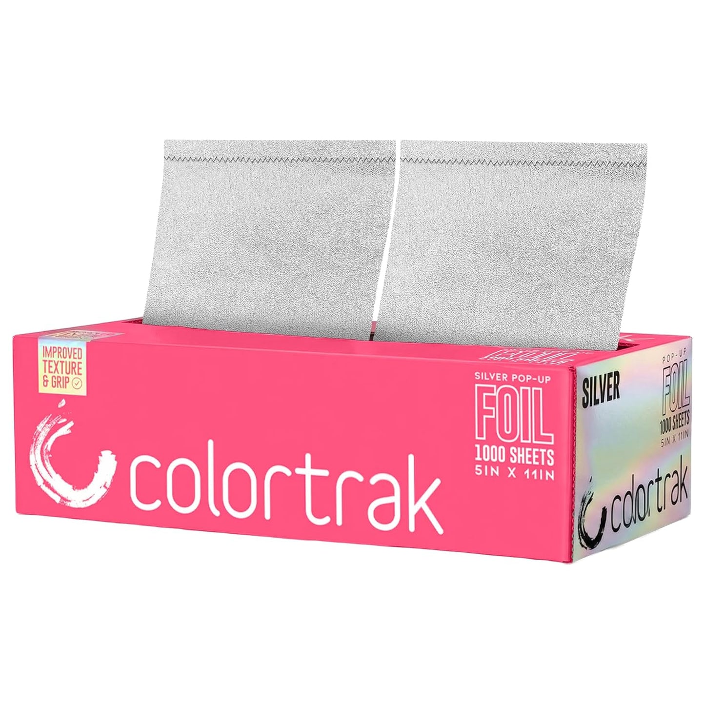 Colortrak Embossed Sheets Silver Aluminum Foil Pop-up Dispenser, 500 Pre-cut Sheets Non-slip Textured, for Hair Foil Coloring and Highlighting Applications Silver, 5 x 11