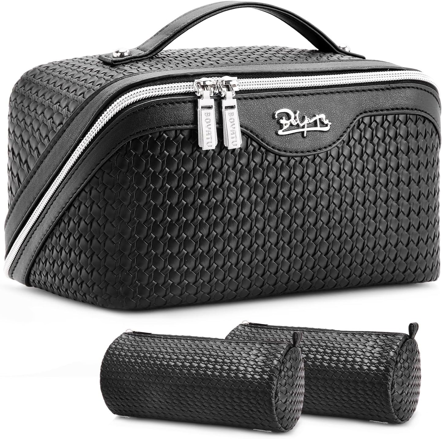 Travel Makeup Bags for Women - Large Capacity Vegan Leather Cosmetic Bag Set of 3 | Waterproof Toiletry Organizer (Royal Blue)