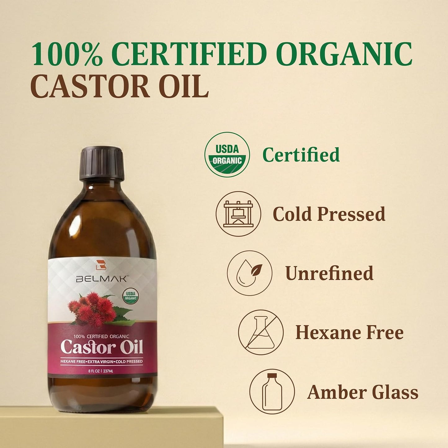 Organic Castor Oil - Cold Pressed & Unrefined, 100% Pure Hair & Scalp Treatment | 8 oz Amber Glass Bottle