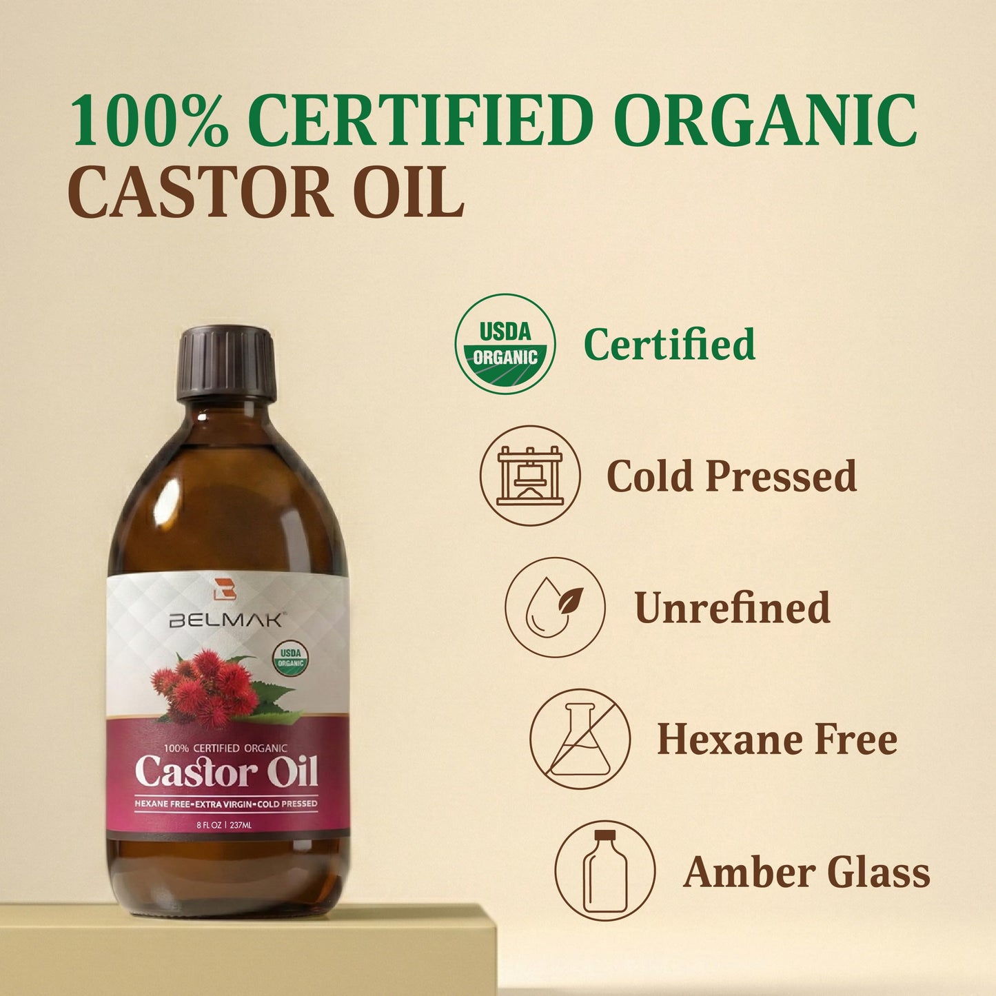 BELMAK Organic Castor Oil Cold Pressed Unrefined, USDA Certified & Hexane Free, 100% Pure Ricinus Communis Oil for Hair, Scalp, Brows and Lashes in Amber Glass Bottle (8 oz)