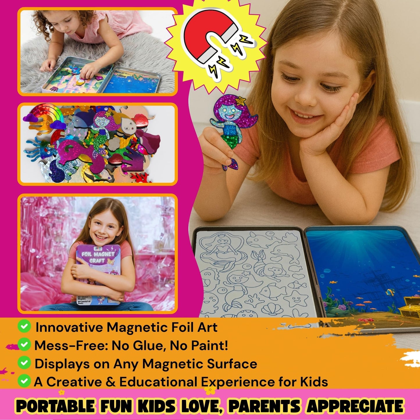 Magnetic Tin Box Foil Art Kit for Kids - Princess & Unicorn Foil Magnet Craft, Reusable Mess-Free Travel Toy, DIY Arts and Crafts for Girls & Boys Ages 4-8, 9-12