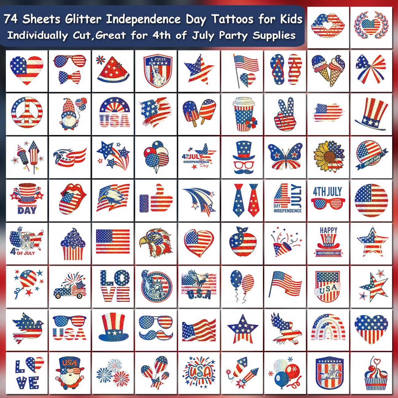 Glitter 4th of July Temporary Tattoos for Kids - 74 Sheets of American Flag Designs | Perfect Party Favors