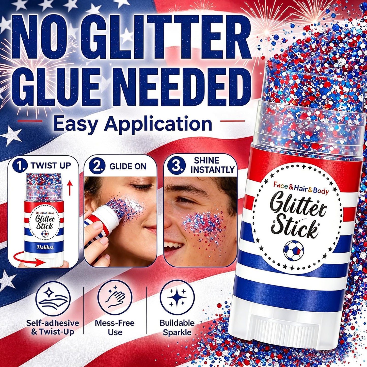 Patriotic 4th of July Glitter Stick,Sparkle Red White and Blue Face Hair Body Glitter,4th of July Outfits & Accessories for Women Kids,Waterproof Glitter Makeup for 250th Independence Day Anniversary